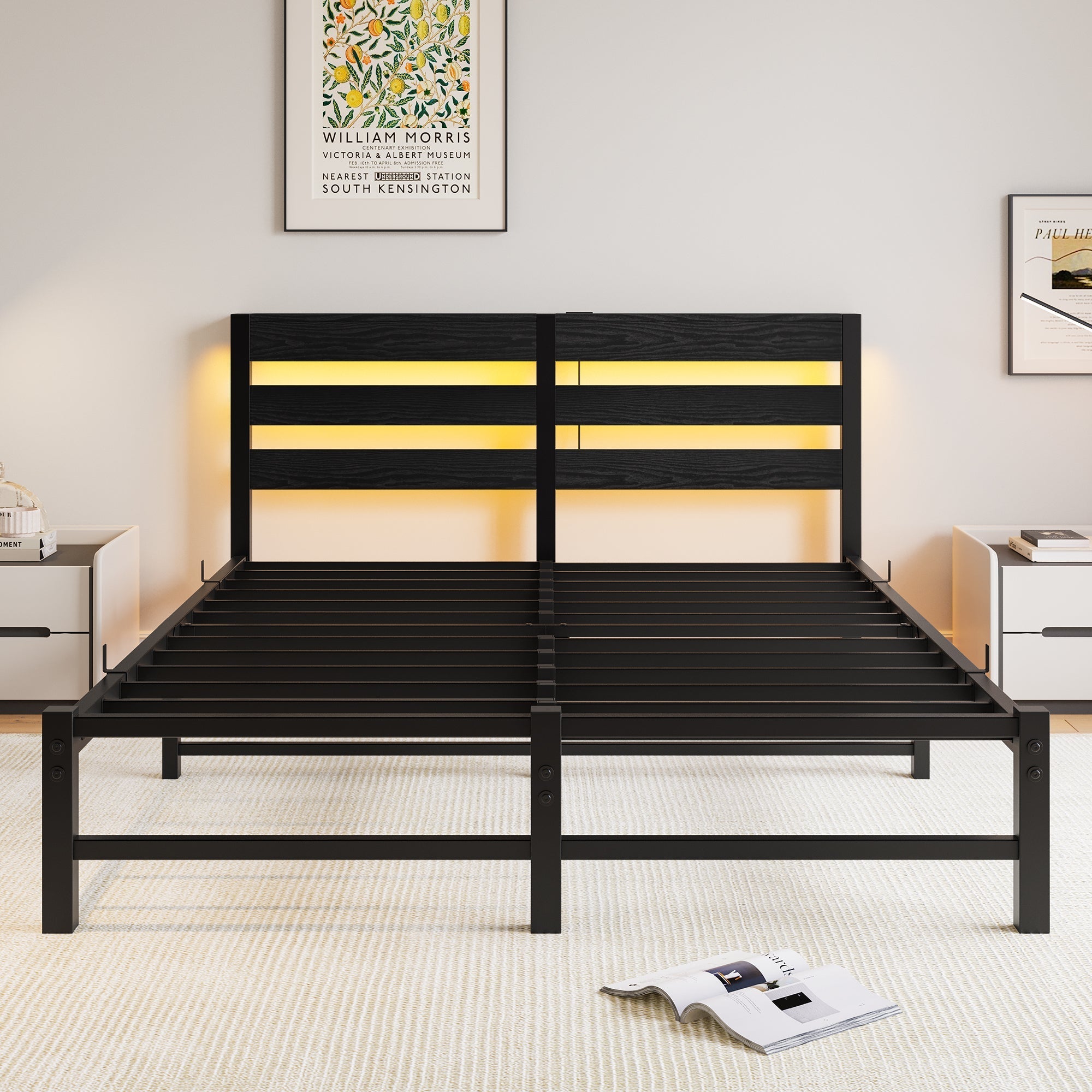 Metal Bed Frame 140x190cm LED USB Charging Storage - Metal
