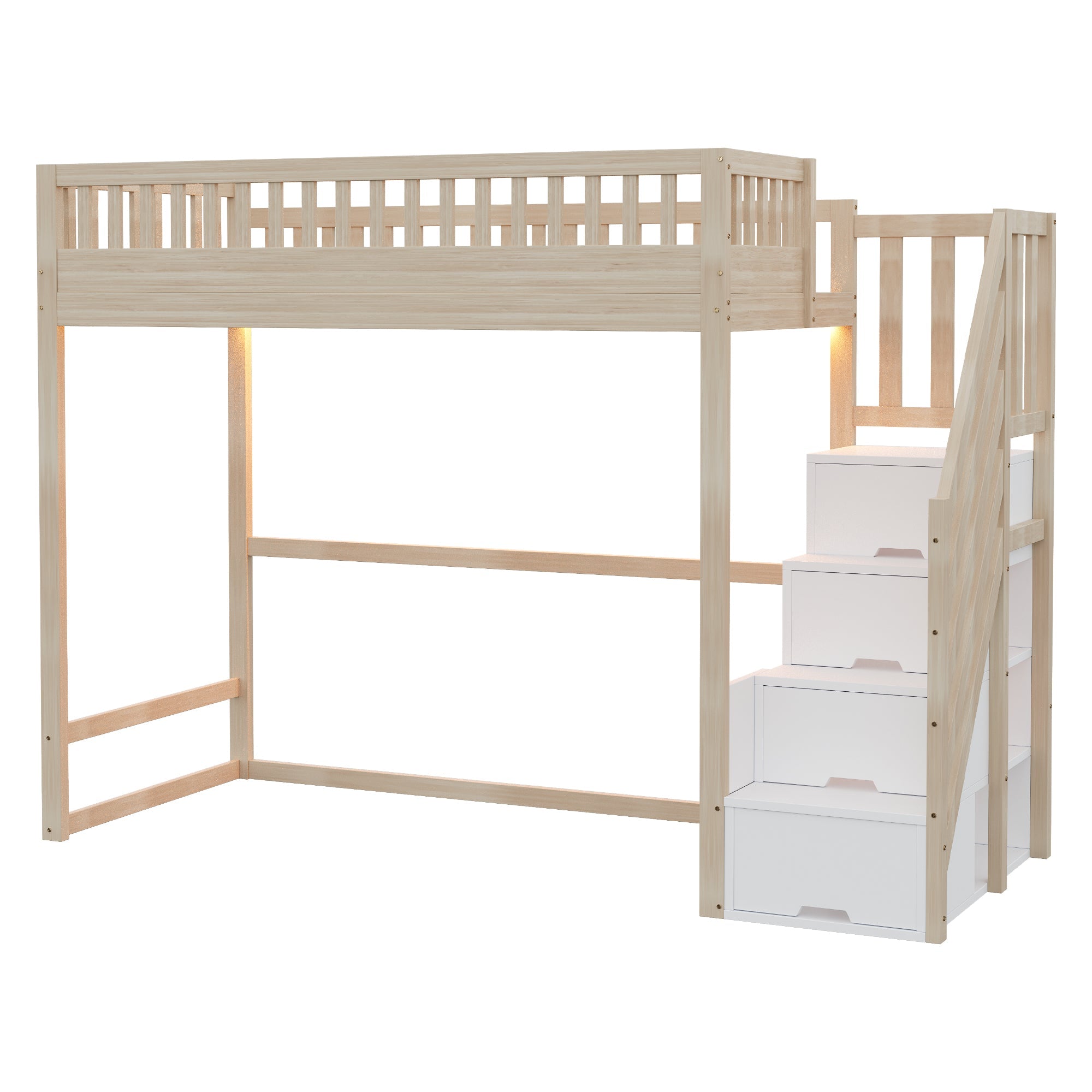 Loft Bed with Safety Railing, LED Light Strip and Interchangeable Ladder, 90x200cm, Natural Pine Wood