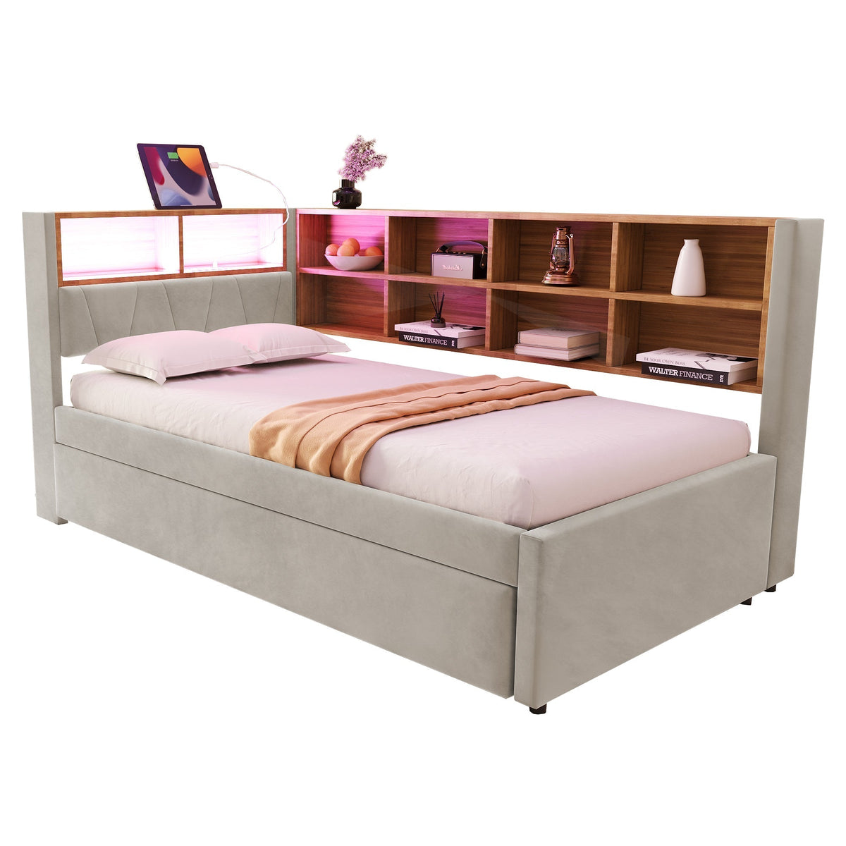 Sofa Bed 90x200 Pull-out LED Storage Flannel Light Grey