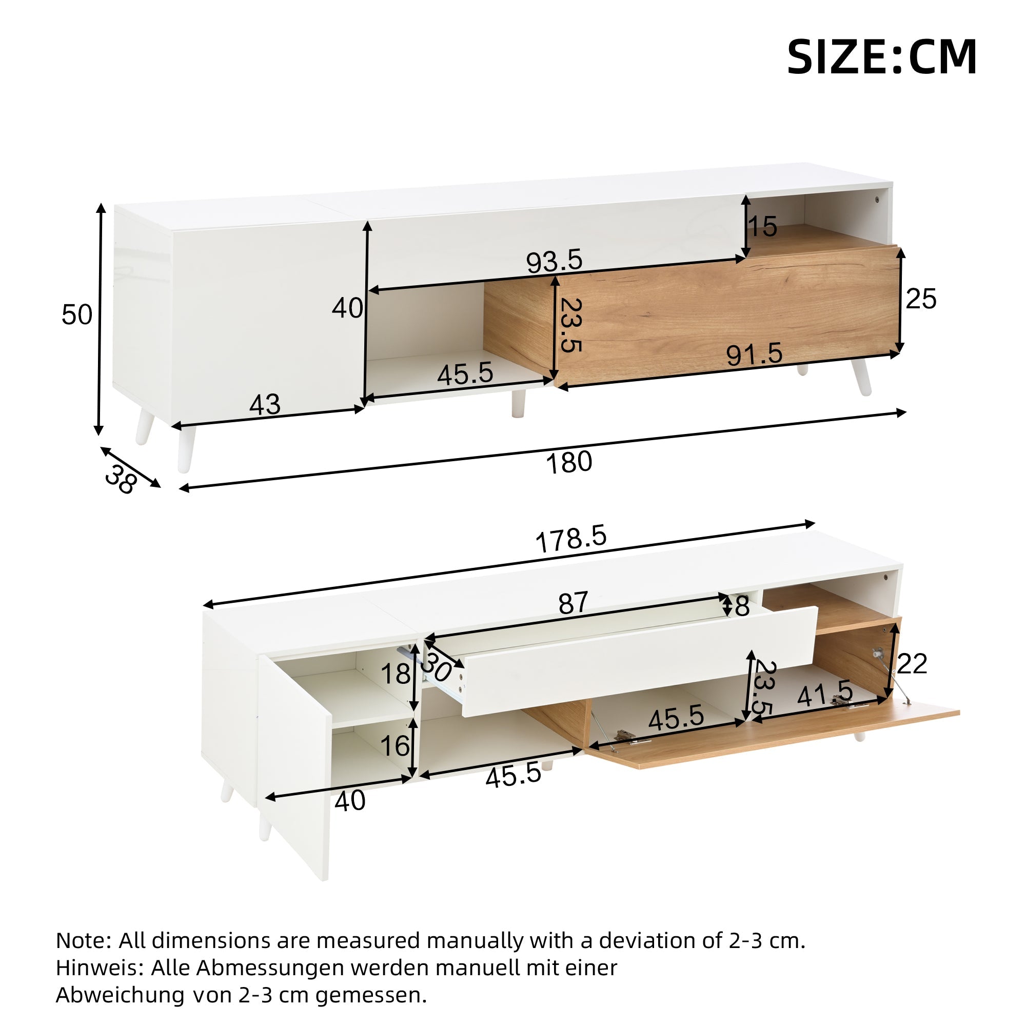 TV Cabinet, 180cm Lowboard with 1 Drawer & 7 Compartments, High-Gloss Finish