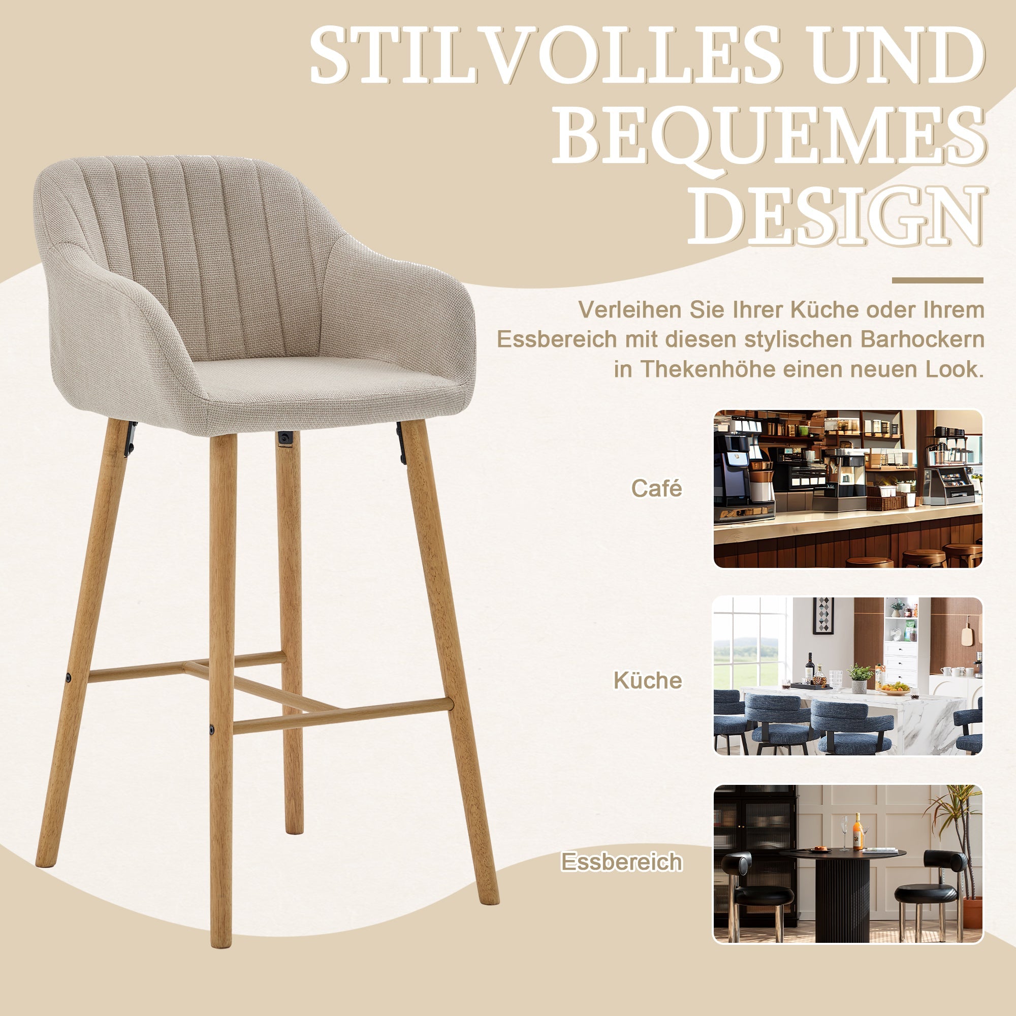 Bar Stools, Set of Two, High Backrest & Armrests, Linen & Wooden Legs