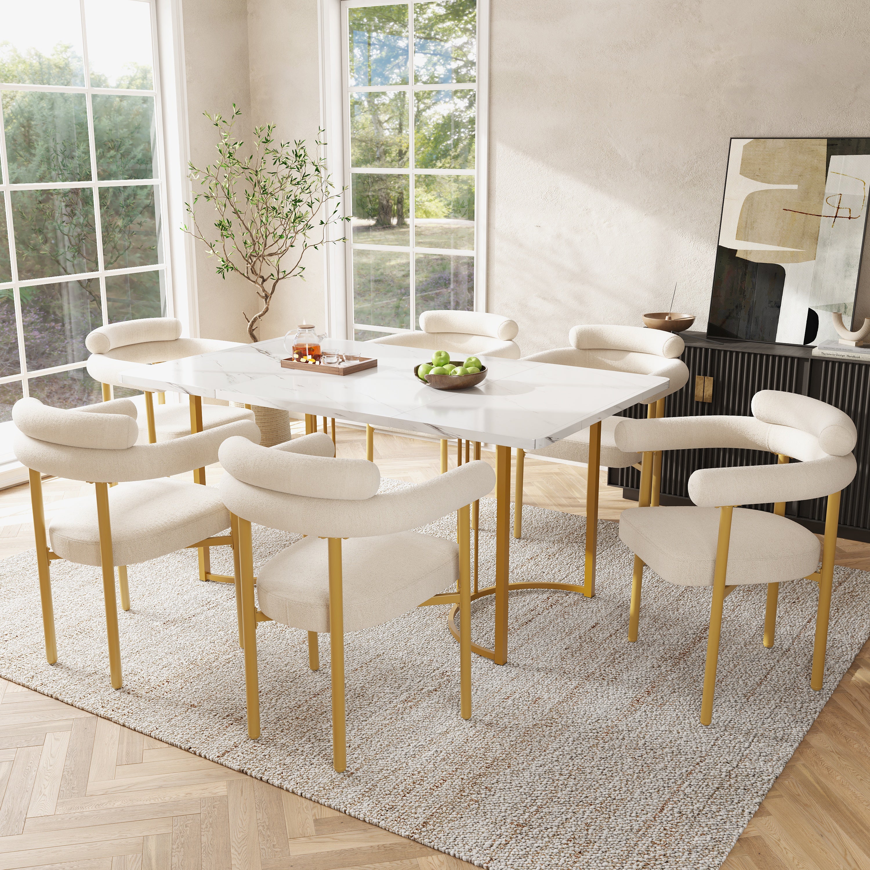 Dining Chairs Set of 6 Modern Comfortable Ring Seats Gold Legs Beige Suede