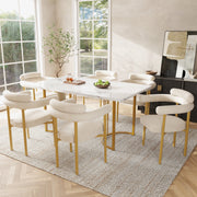 Dining Table and Chair Set 7-Piece with Designer Metal Legs and 6 Hollow Armchairs Cream Suede & Gold