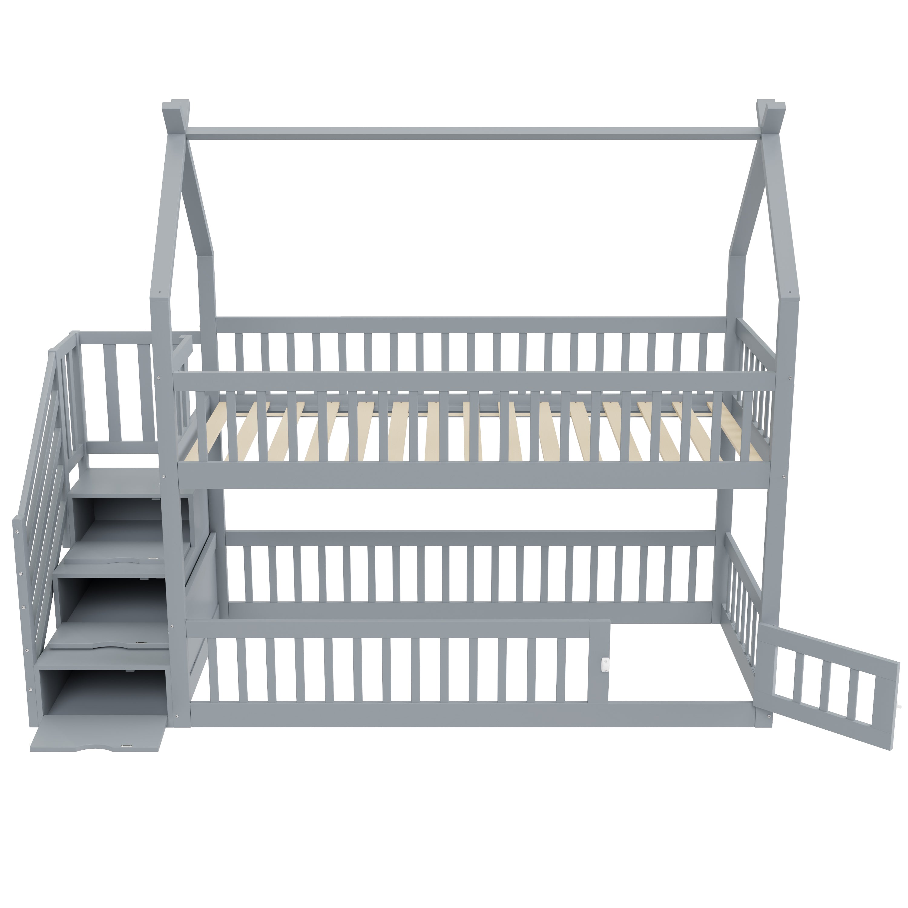 Bunk Bed, 90x200 Children's Single with Roof, Ladder & Storage Drawers, Solid Wood Gray