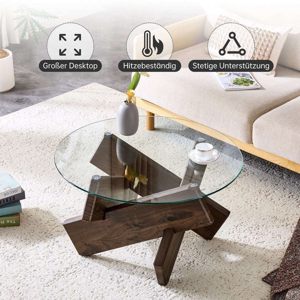 Round Coffee Table 79cm Tempered Glass Top Deep Legs - Walnut Wood Grain MDF