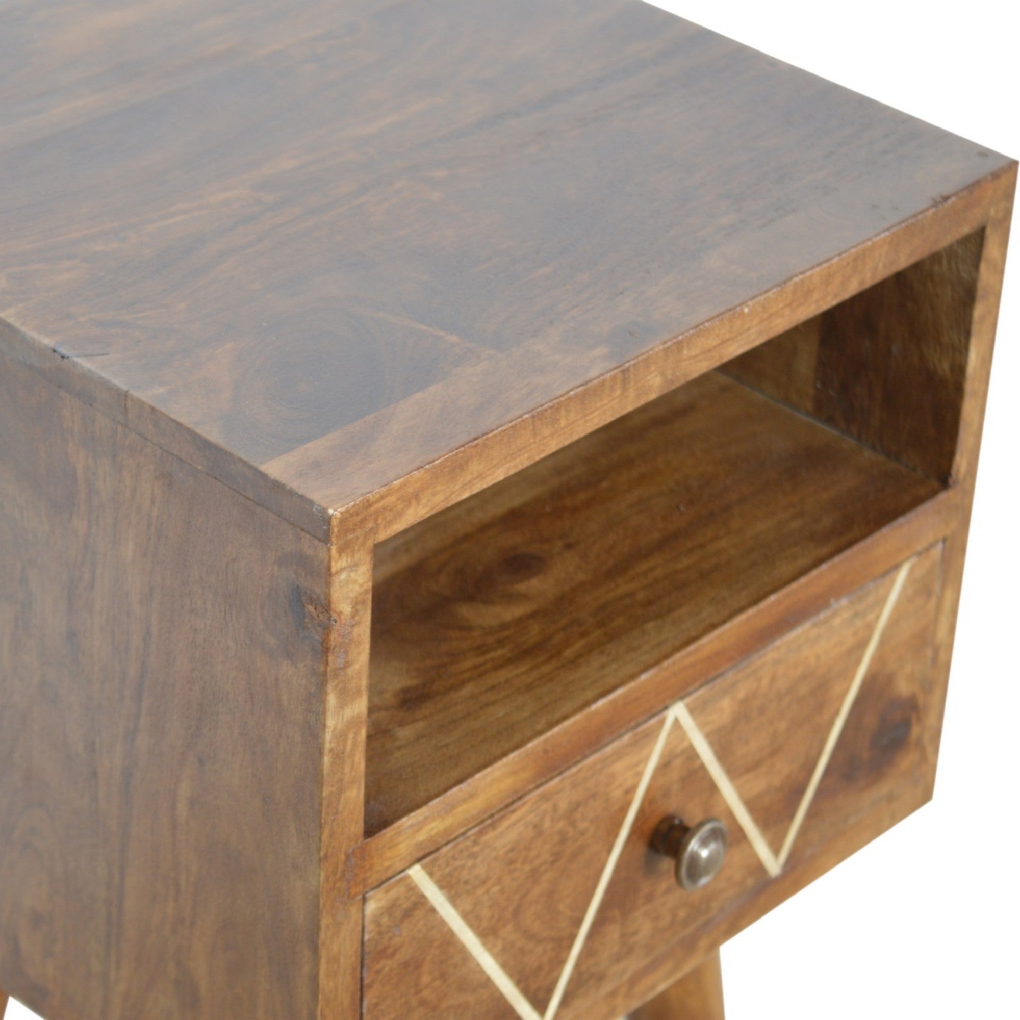 Solid Wood Mini Geo Bedside, 1 Drawer and Open Shelf, Dark Brown