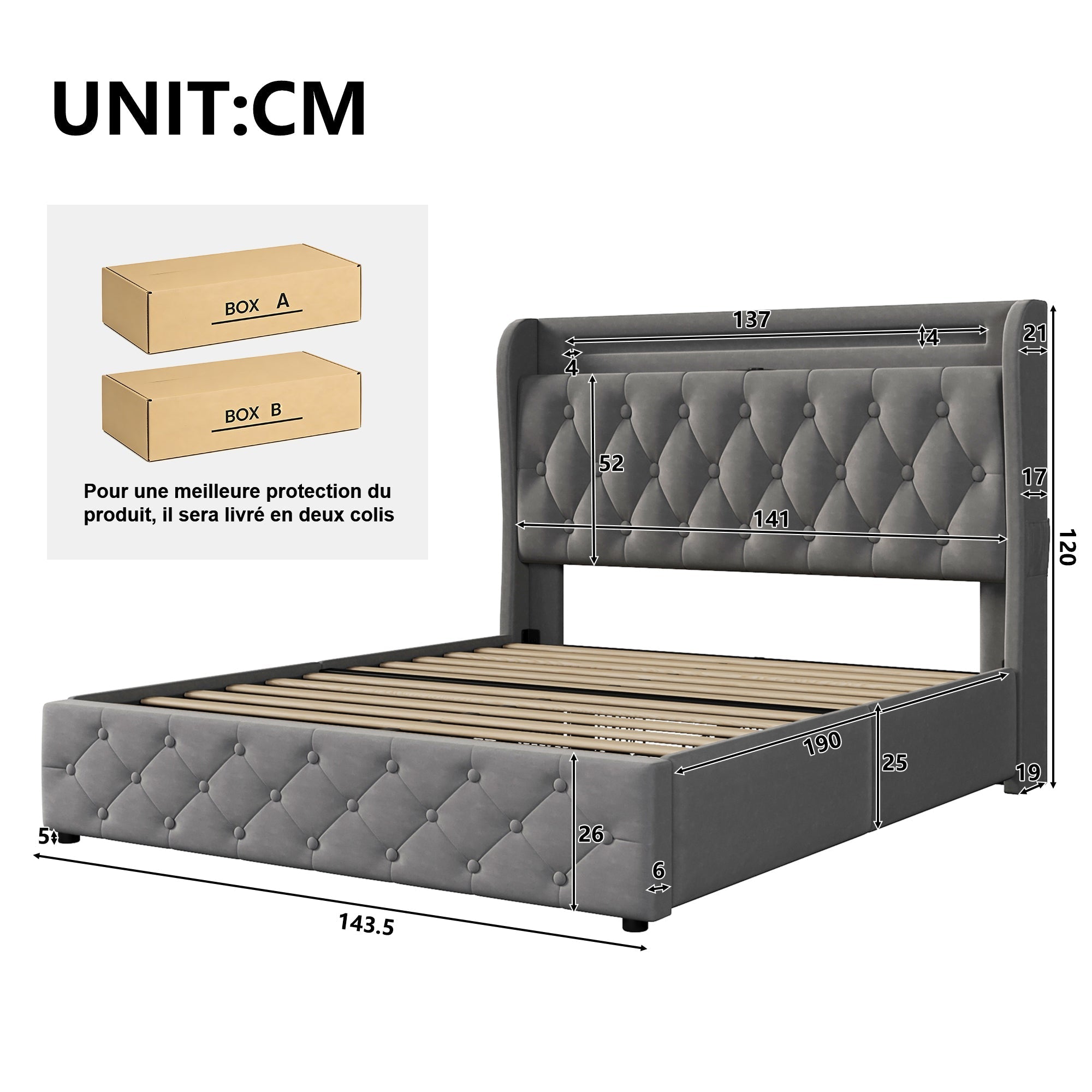 Upholstered Bed 140x190cm LED USB Storage Headboard 4 Drawers - Velvet