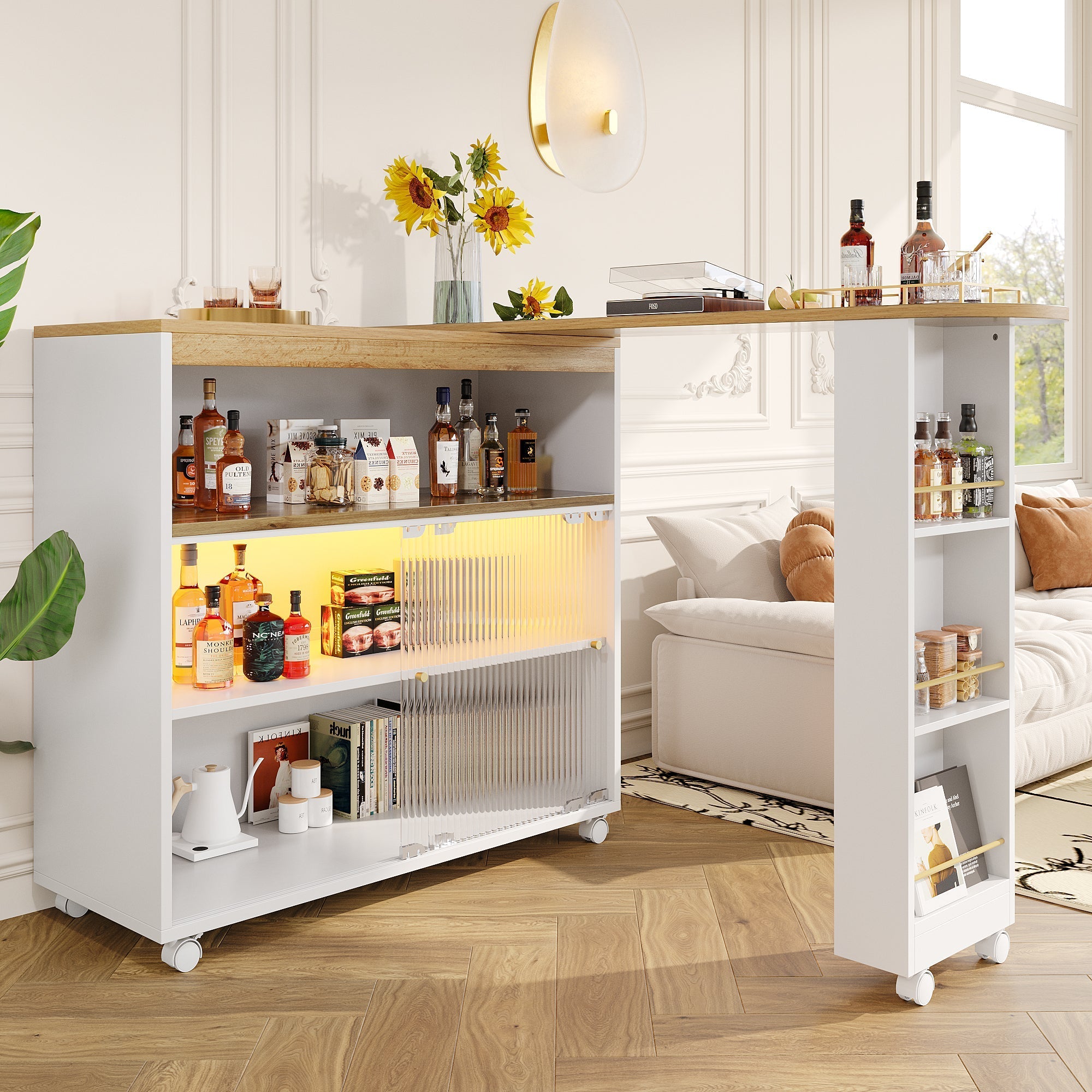 Extendable Bar Table, Movable Telescopic with LED, White