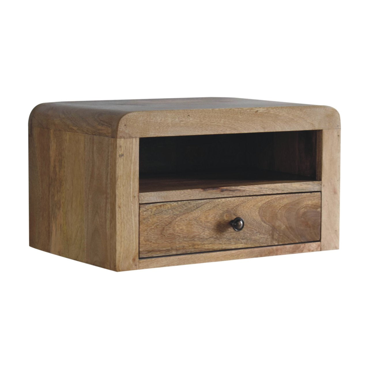 Solid Wood Chunky Floating Bedside, 1 Drawer & Open-Shelf, Oak-ish Brown