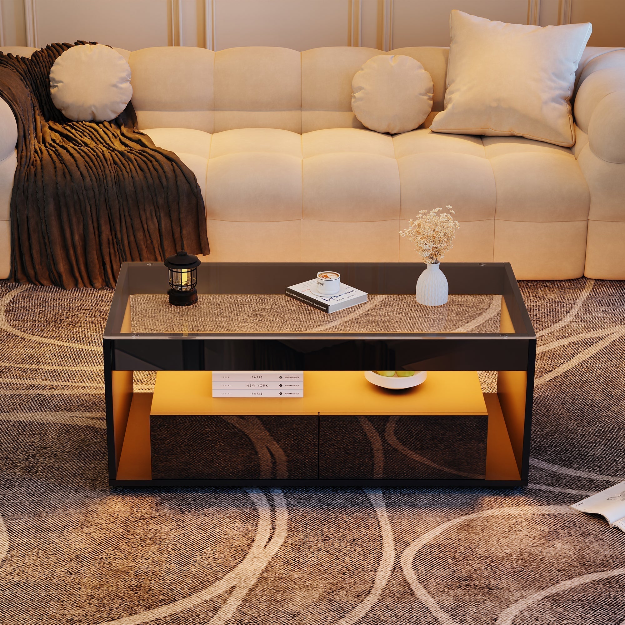 Modern Coffee Table, 16-Color LED Light, 2 Large Drawers, High Gloss, Black