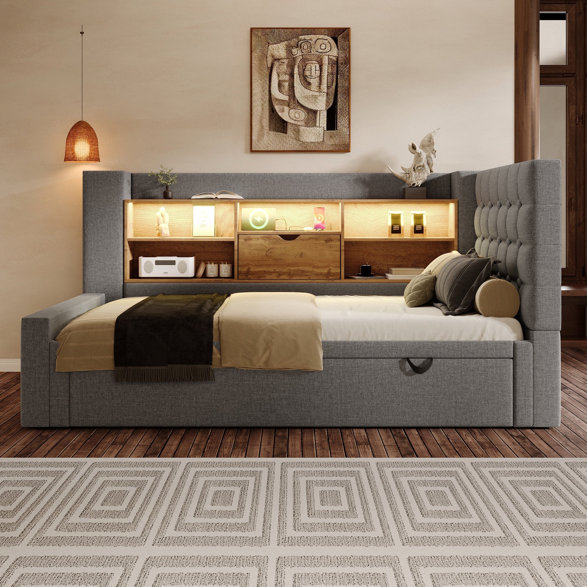 Upholstered Bed with Pull-Out Bed and LED Storage Headboard, Grey Linen