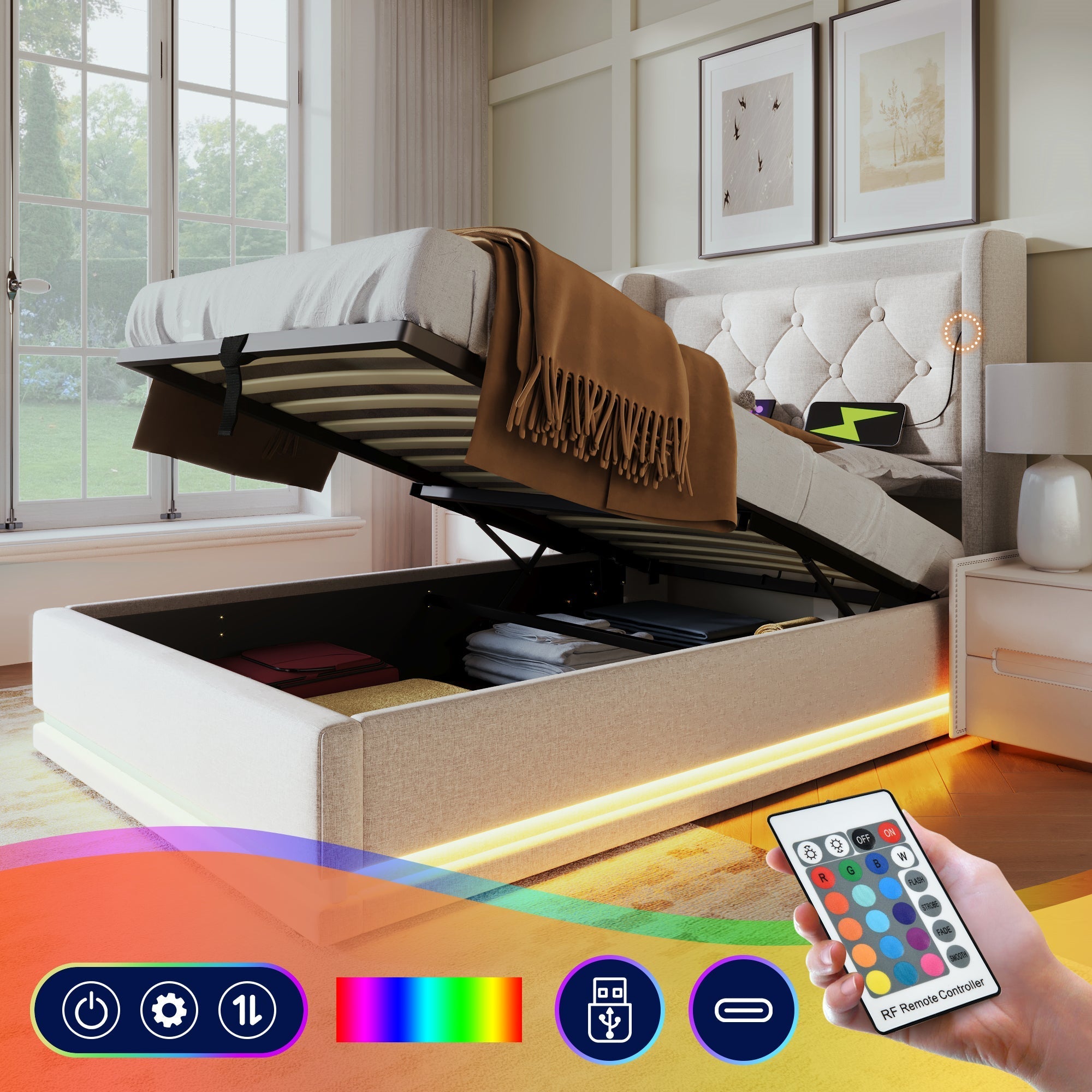 Upholstered Single Bed, Hydraulic Storage with USB & LED, Beige Cotton