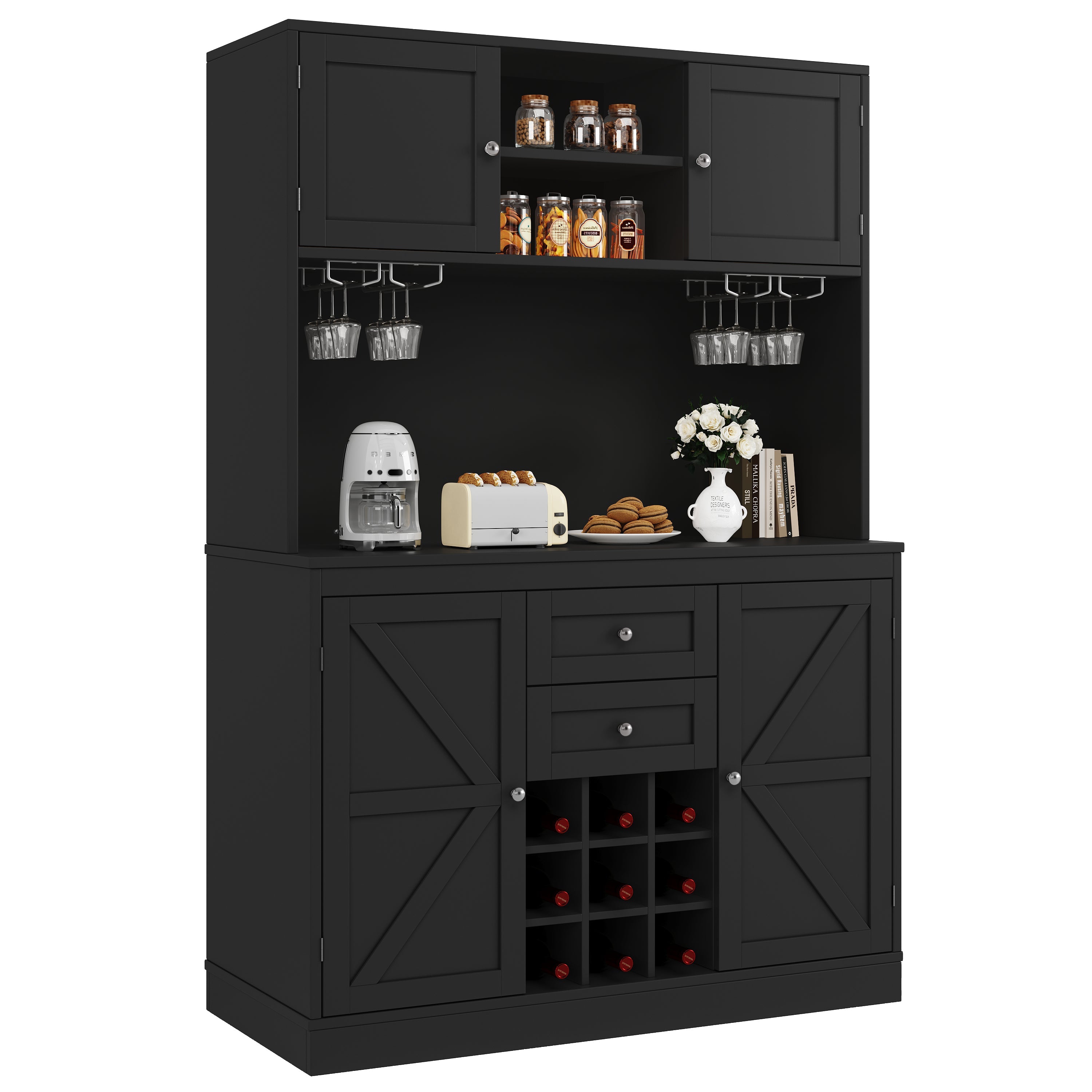 Kitchen Buffet Cabinet with 4 Doors and 2 Drawers, Adjustable Shelves and Wine Rack, Black