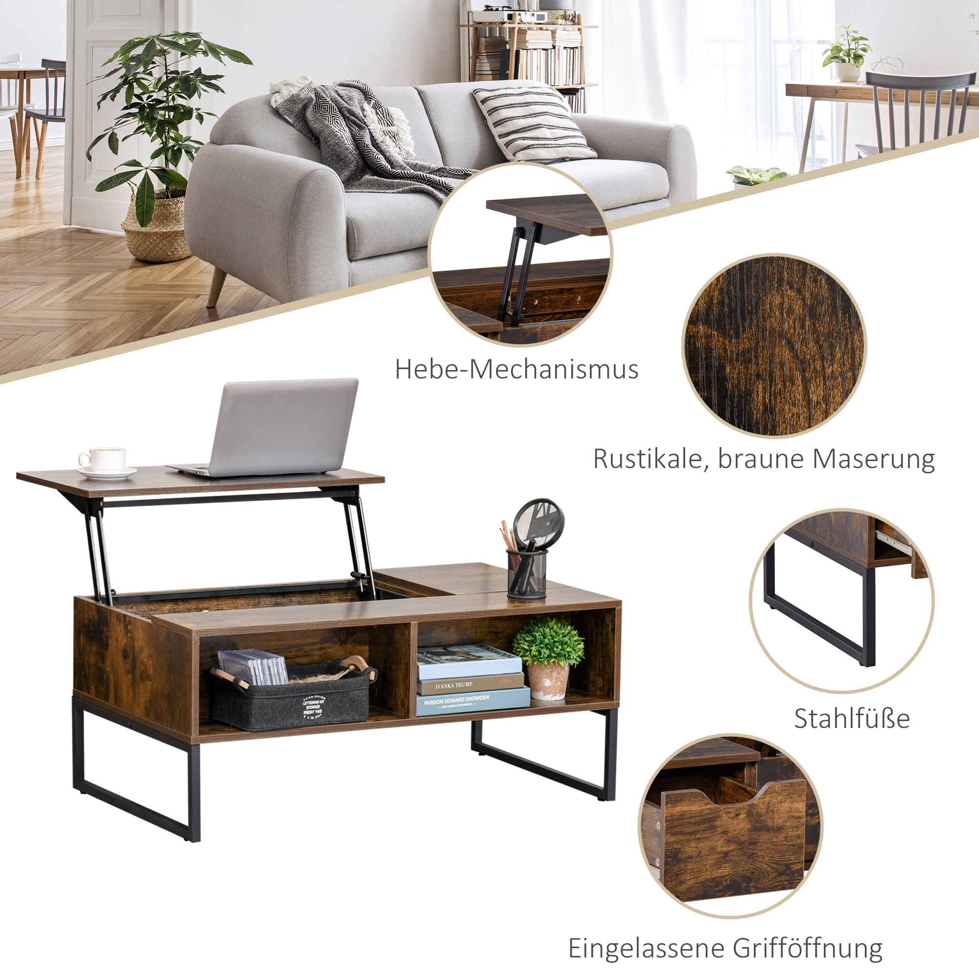 Coffee Table Living Room Height-Adjustable Top Brown Chipboard