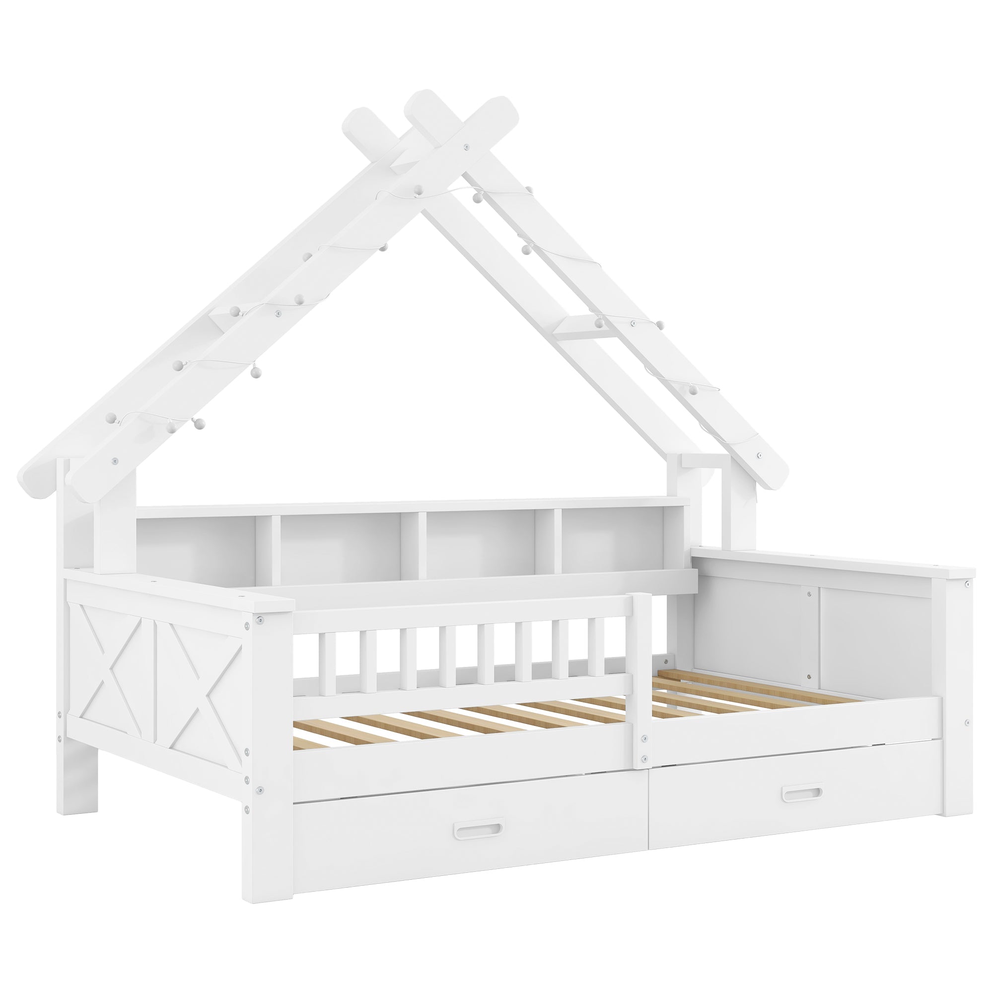 Wooden House Platform Bed with LED Lighting, Storage and Safety Rails, White