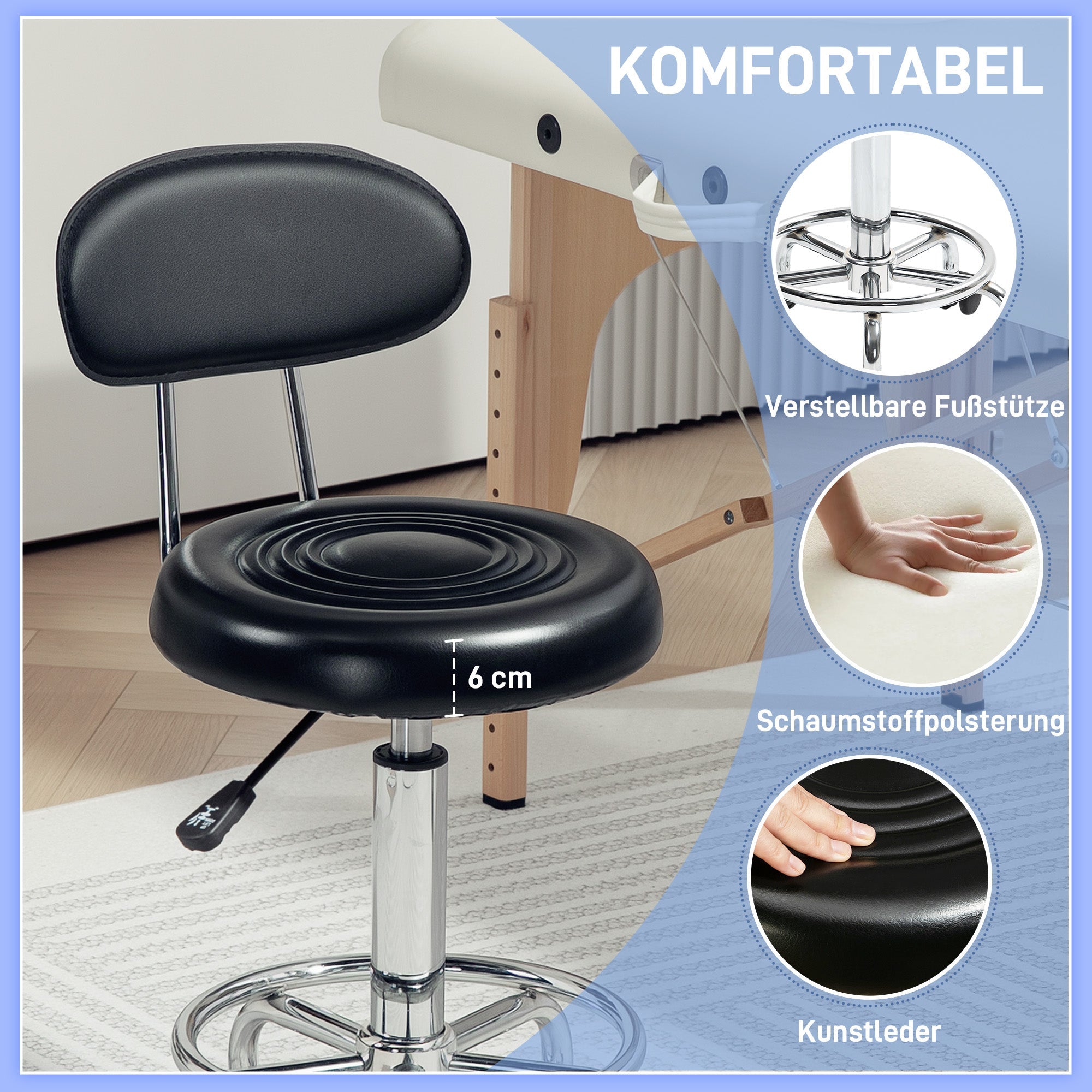 Rolling Stool, Height-Adjustable Swivel with Backrest & Wheels, Faux Leather Black