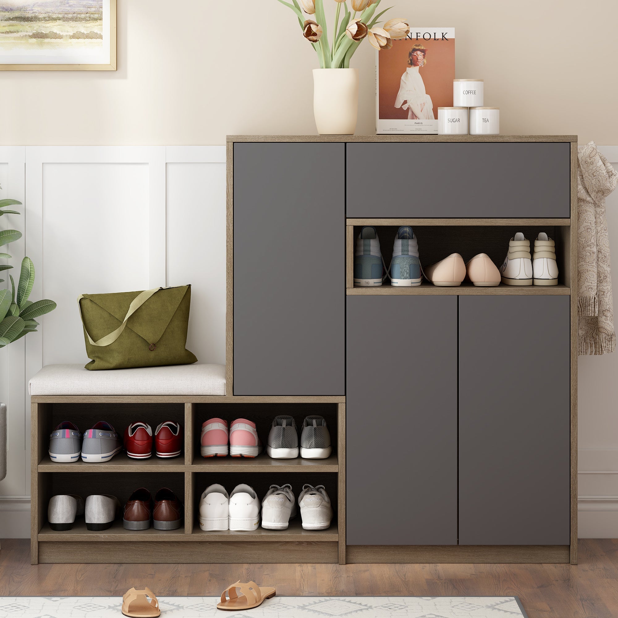 Shoe storage bench and cabinet with padded seat, adjustable shelves, gray