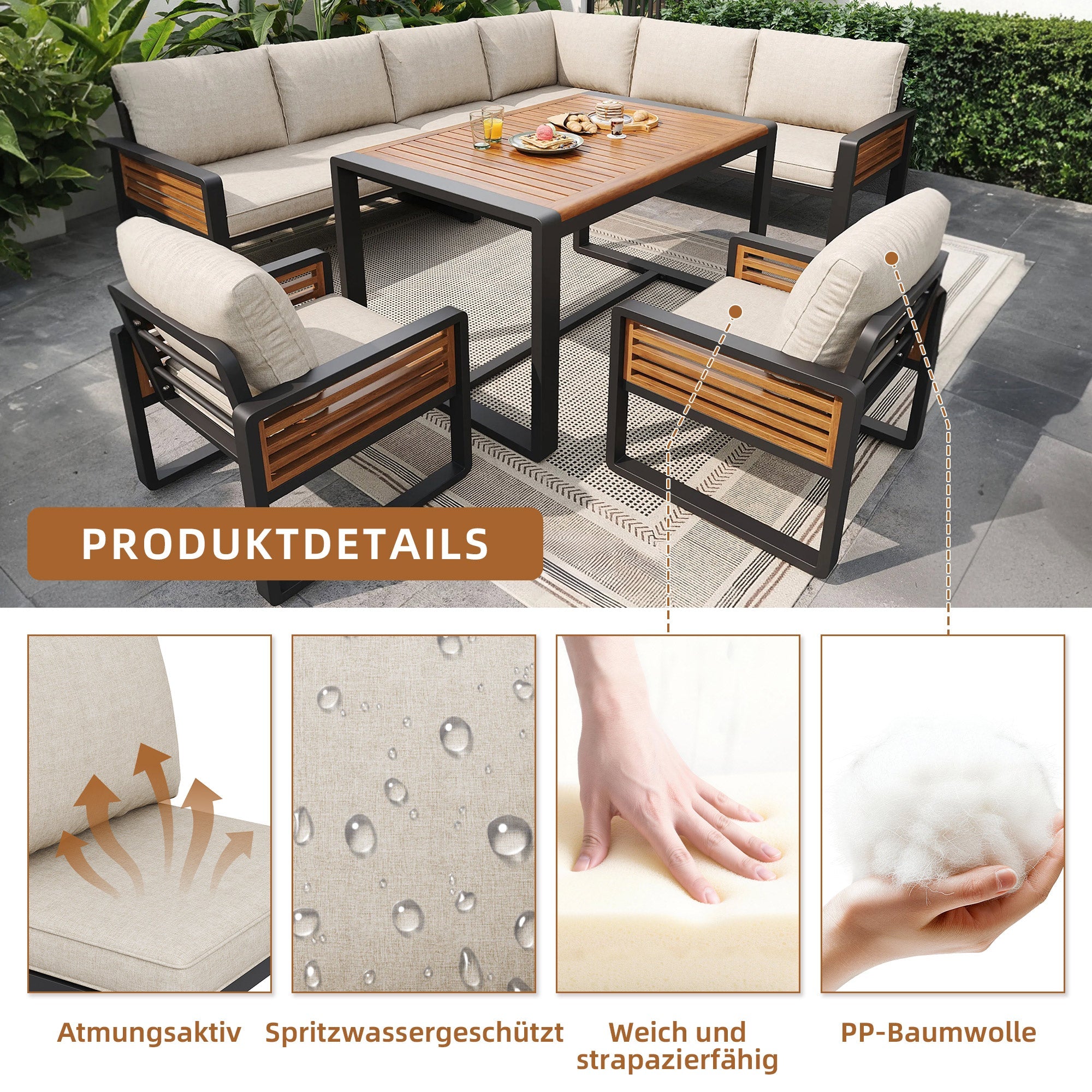 Garden Lounge Set with Solid Wood Dining Table for 8 People, Beige