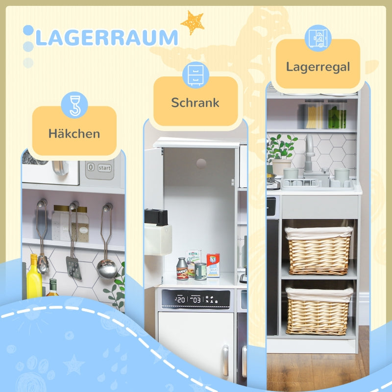 AIYAPLAY Play Kitchen Set, Stainless Steel Dishes, Stove, Sink with Water Circulation, Light & Sound Effects, White