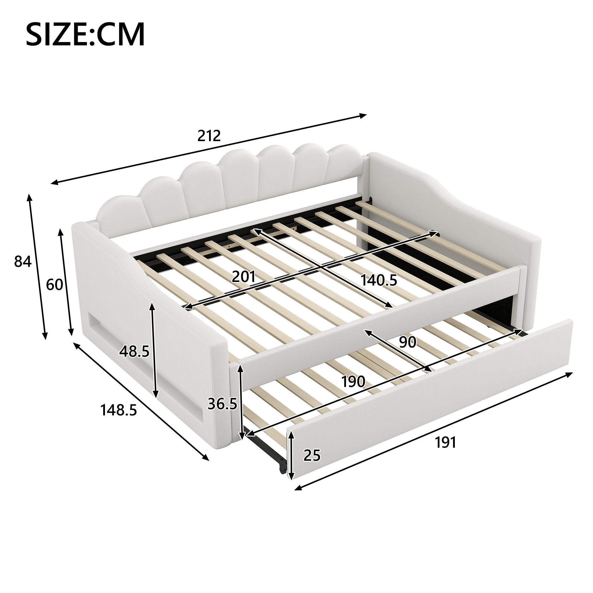 Daybed, Upholstered with LED Belt & Pull-Out, 140x200cm, Beige