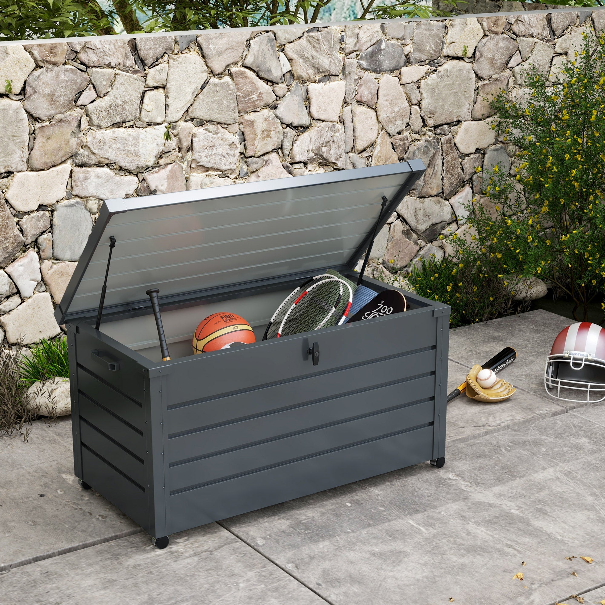 Garden Storage Box, 311L with Lock, Galvanised Steel Dark Grey