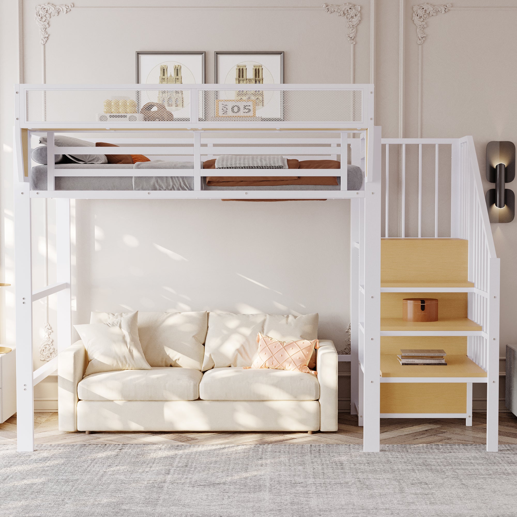Loft Bed 90x200 Safety Ladder Storage Compartment Metal, White