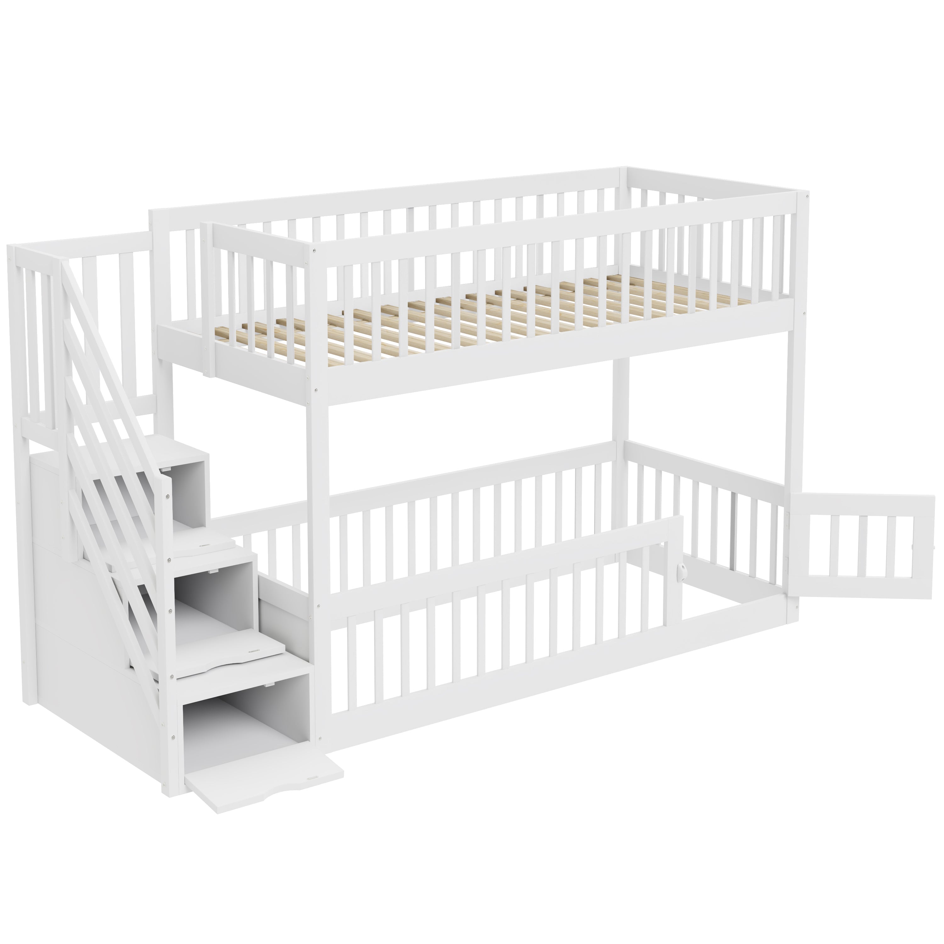 Bunk Bed 90x200 Safety Stairs Drawers Storage, White Wooden