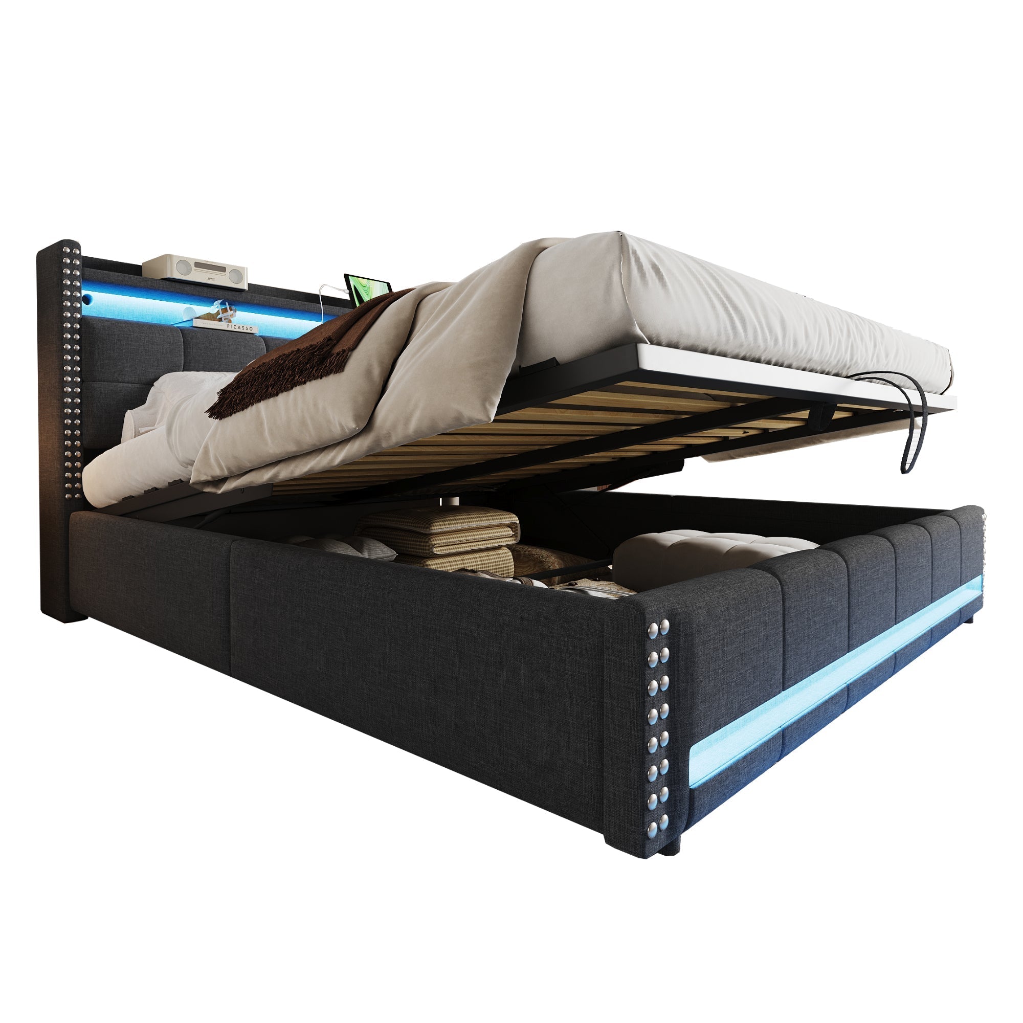 Upholstered Modular Bed with LED Headboard, USB Port and Hydraulic Storage, Gray Linen Fabric