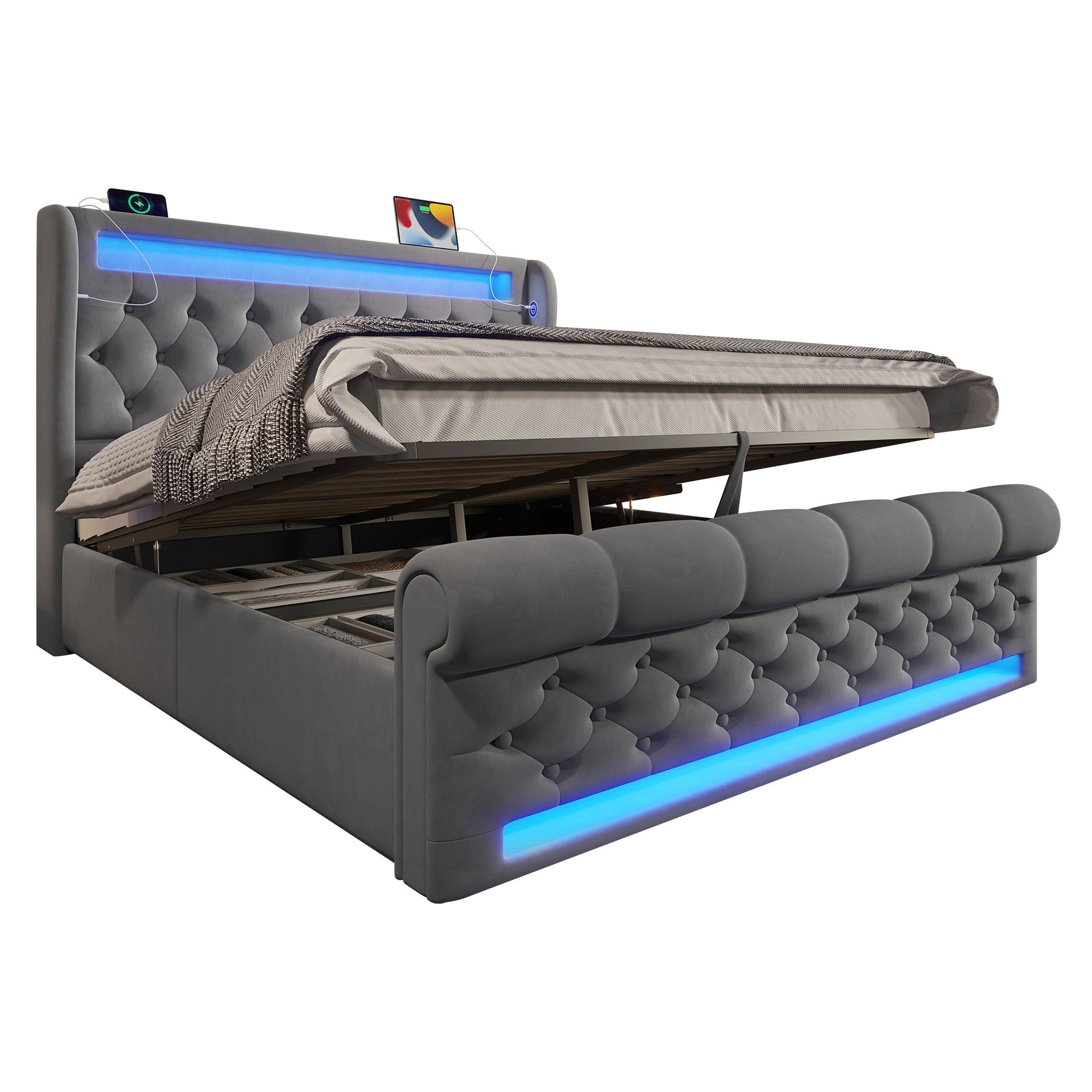 Upholstered Double Bed 140x200cm LED Headboard USB Hydraulic Storage, Grey Velvet