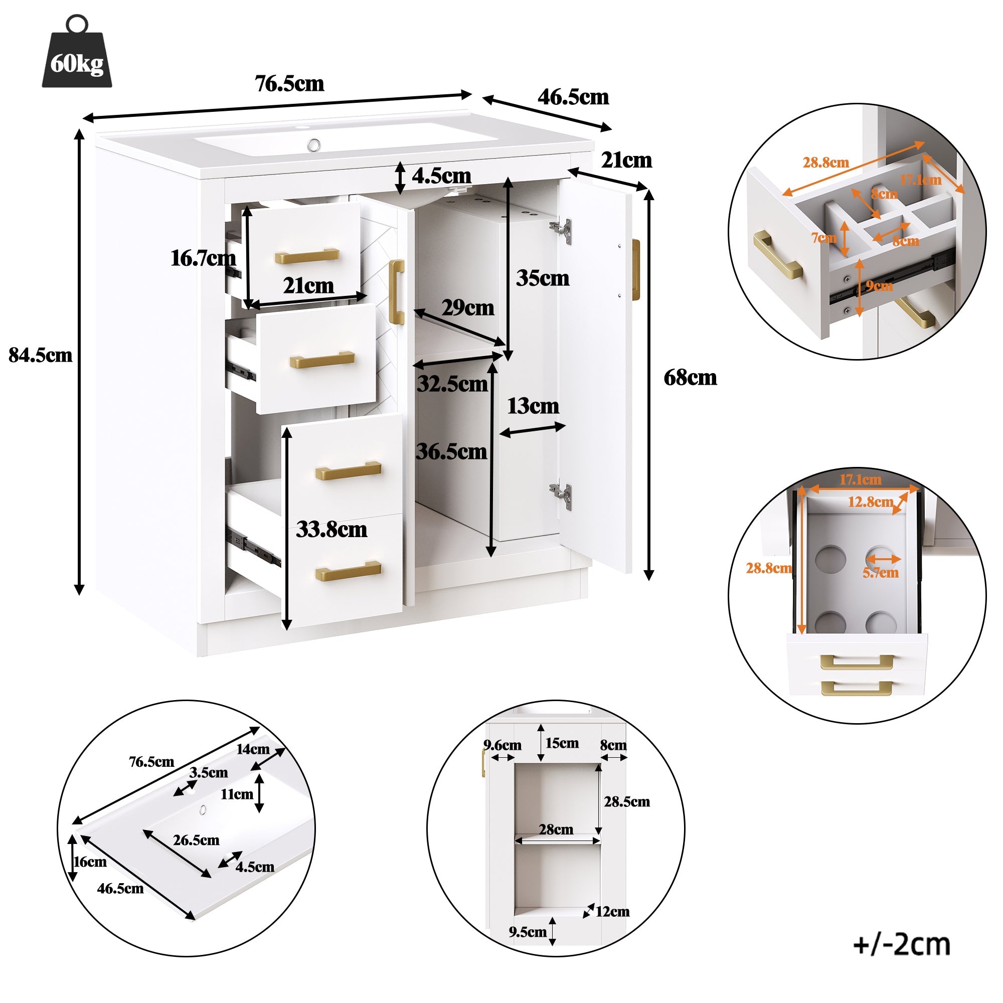 Bathroom Vanity Unit with Ceramic Sink and Side Storage Shelf, White