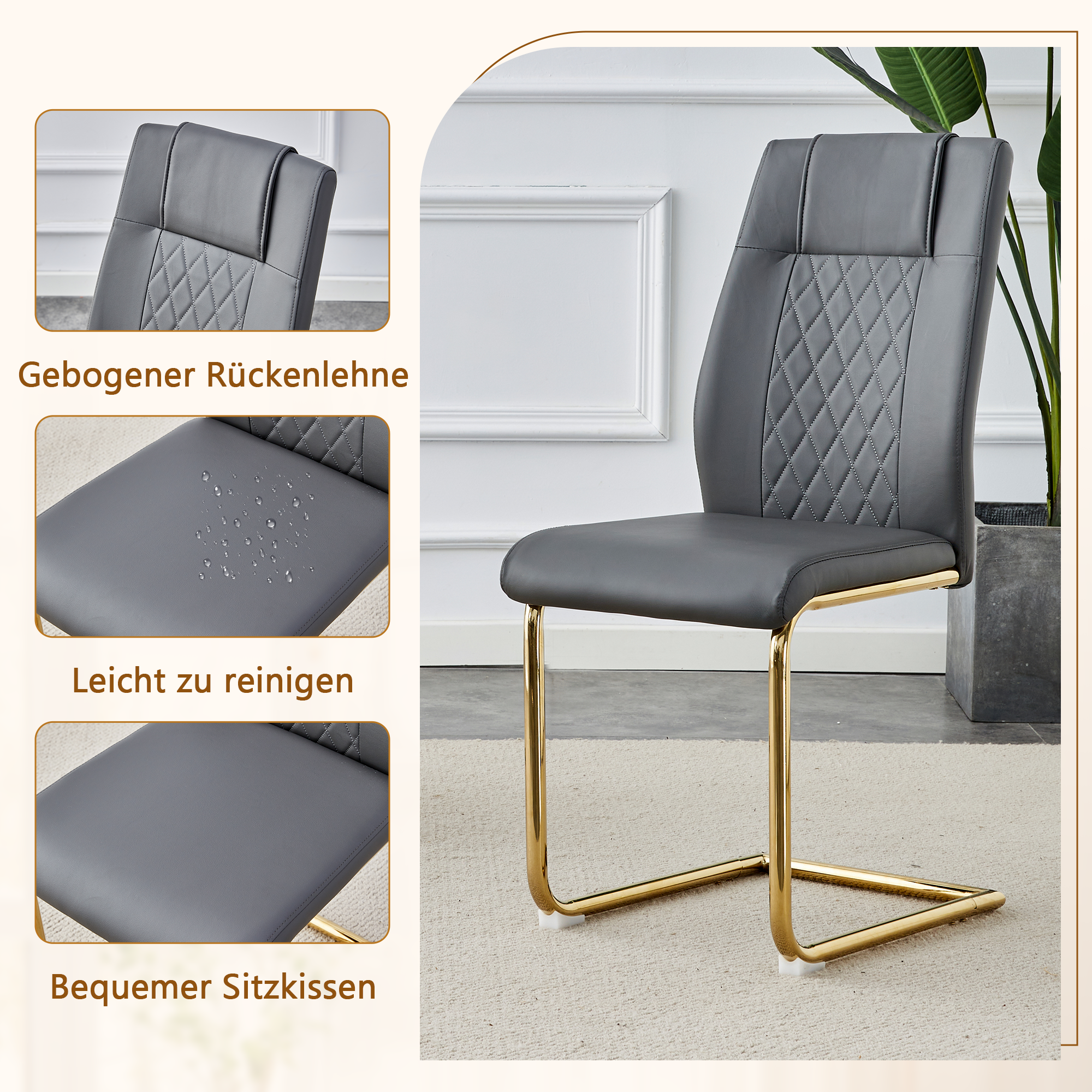 Dining Table Set - Glass 85cm 4 Chairs Gold Legs - Dark Grey PU