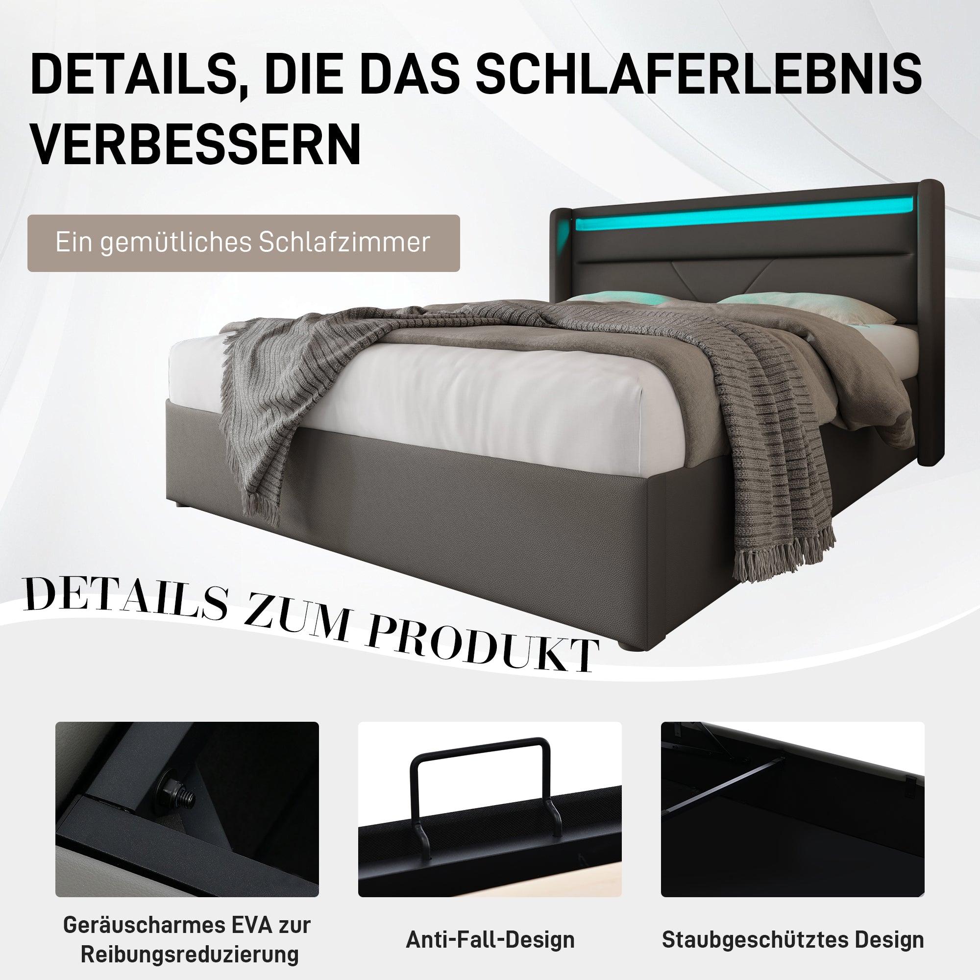 Hydraulic Storage Bed, LED, 140x200cm Upholstered, Gray