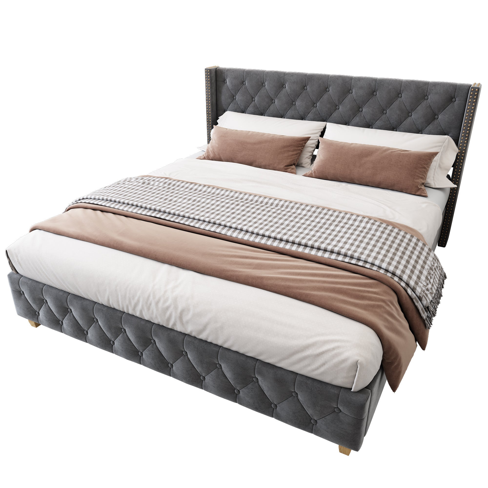 Lit rembourré 140x190cm Tête de lit Sommier à lattes Boutons Rivets Pieds en bois Velours gris