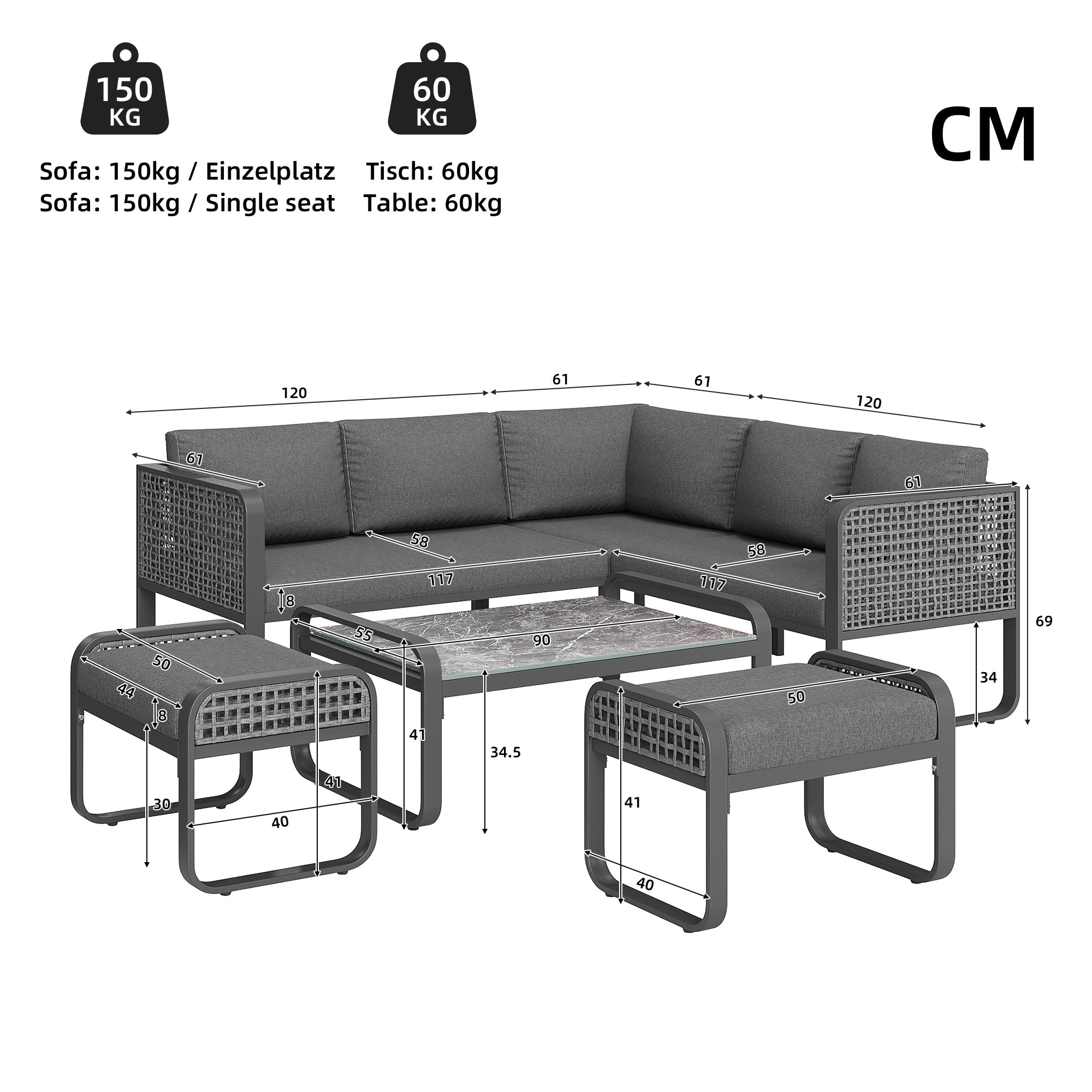 Outdoor Garden Lounge Set, 6-7 People Corner Sofa with Adjustable Legs, Grey Rattan