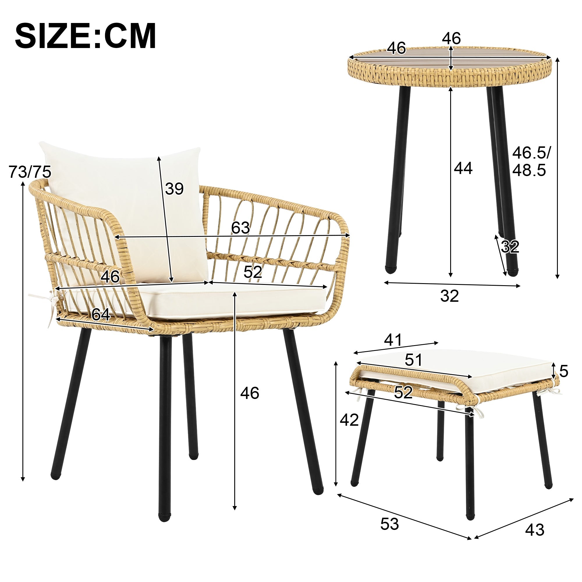 5-Piece Garden Lounge Set 1 Table 2 Chairs 2 Stools - Rattan Natural