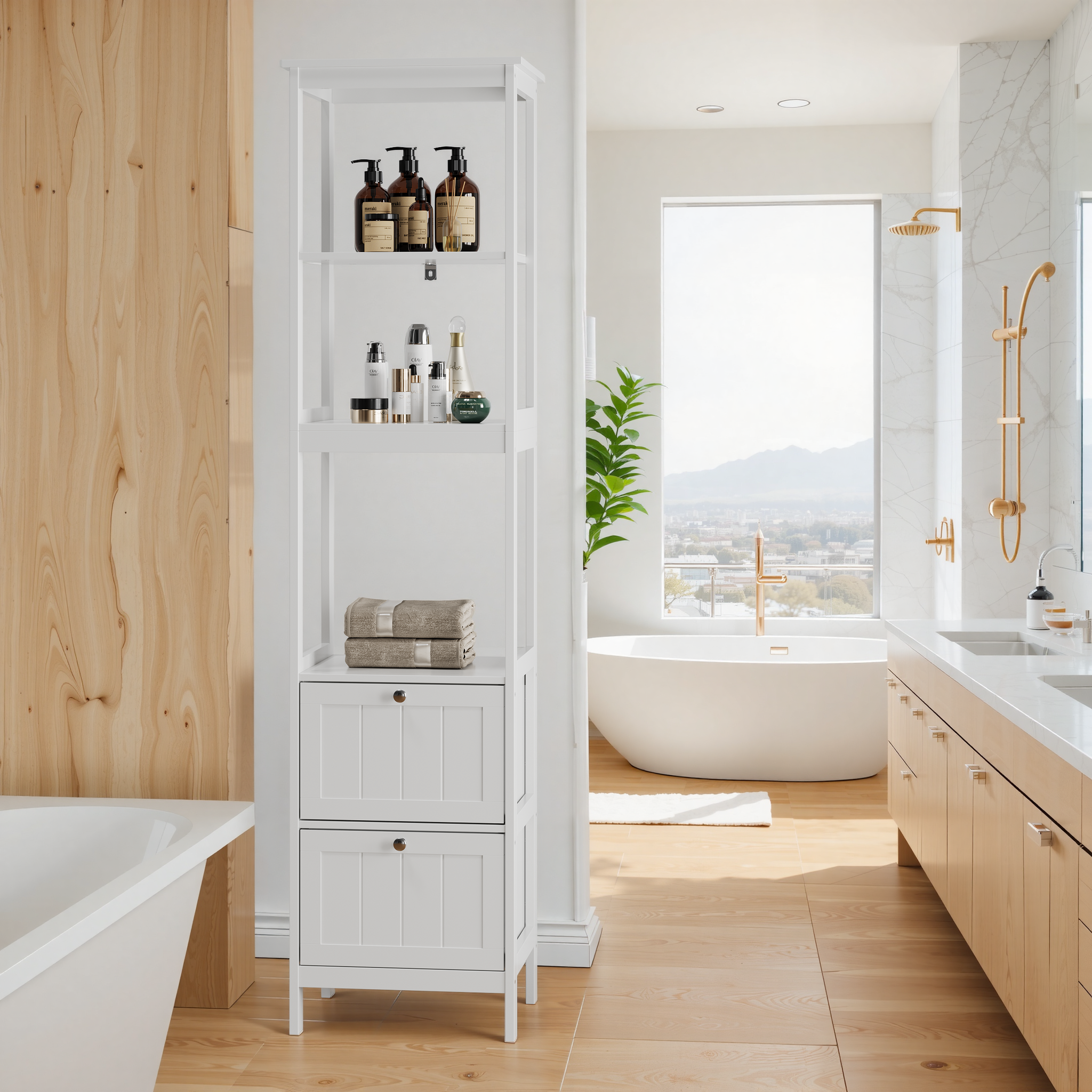 Narrow Tall Cabinet, Bathroom Freestanding with 2 Drawers & 3 Shelves, Wooden White