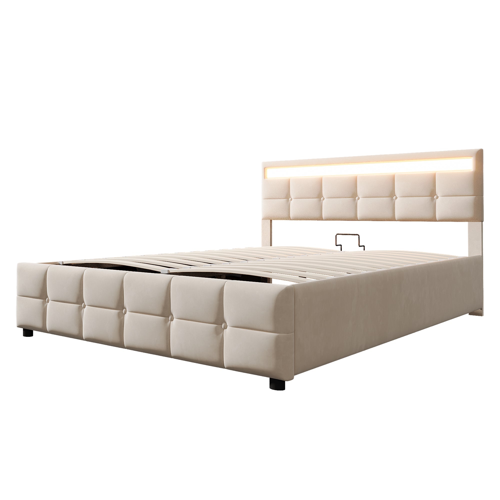 Upholstered Bed 180x200cm LED Hydraulic Slatted Frame, Dutch Velvet Beige