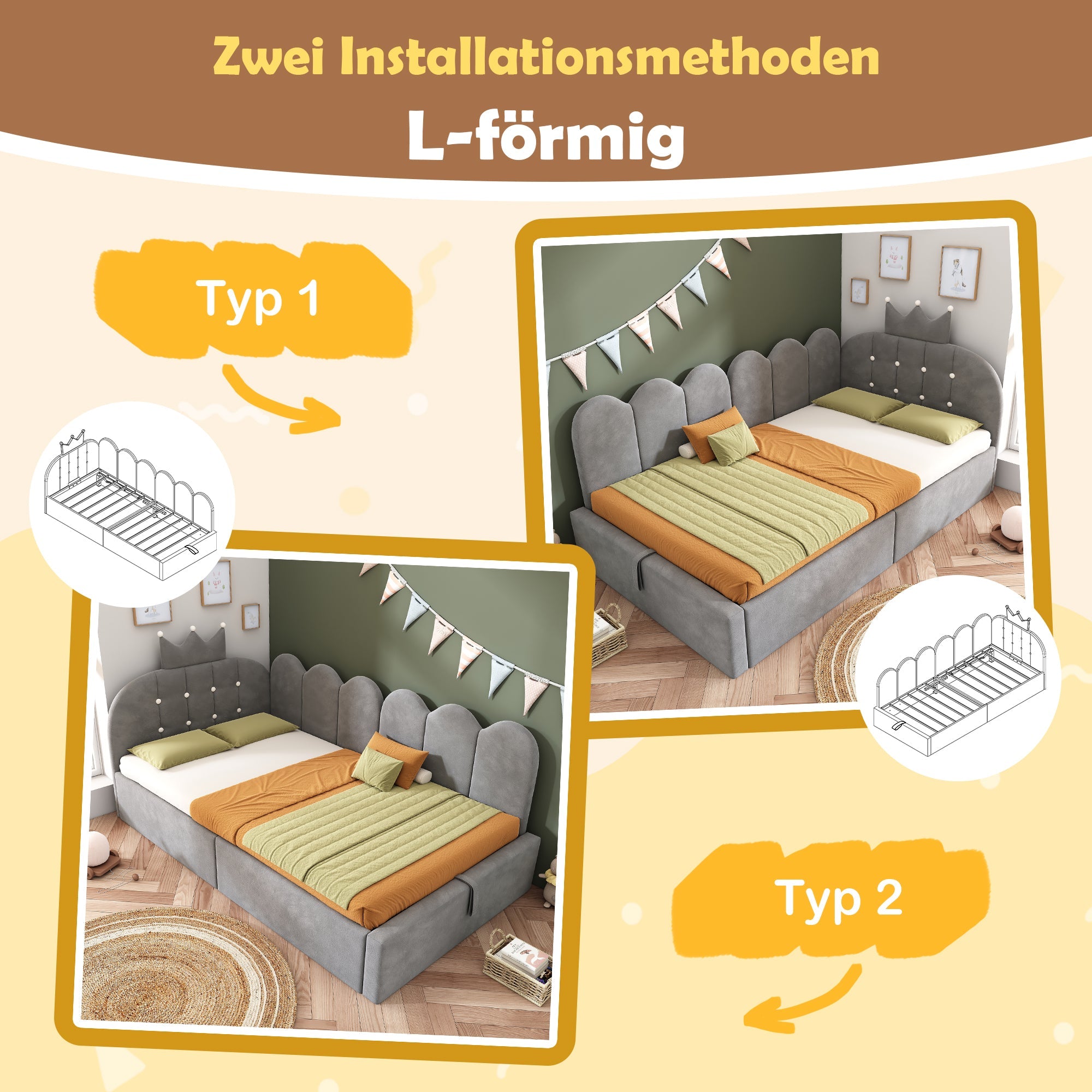 Upholstered Daybed with Hydraulic Storage and Crown-Lattice Design, 90x190cm, Grey Velvet