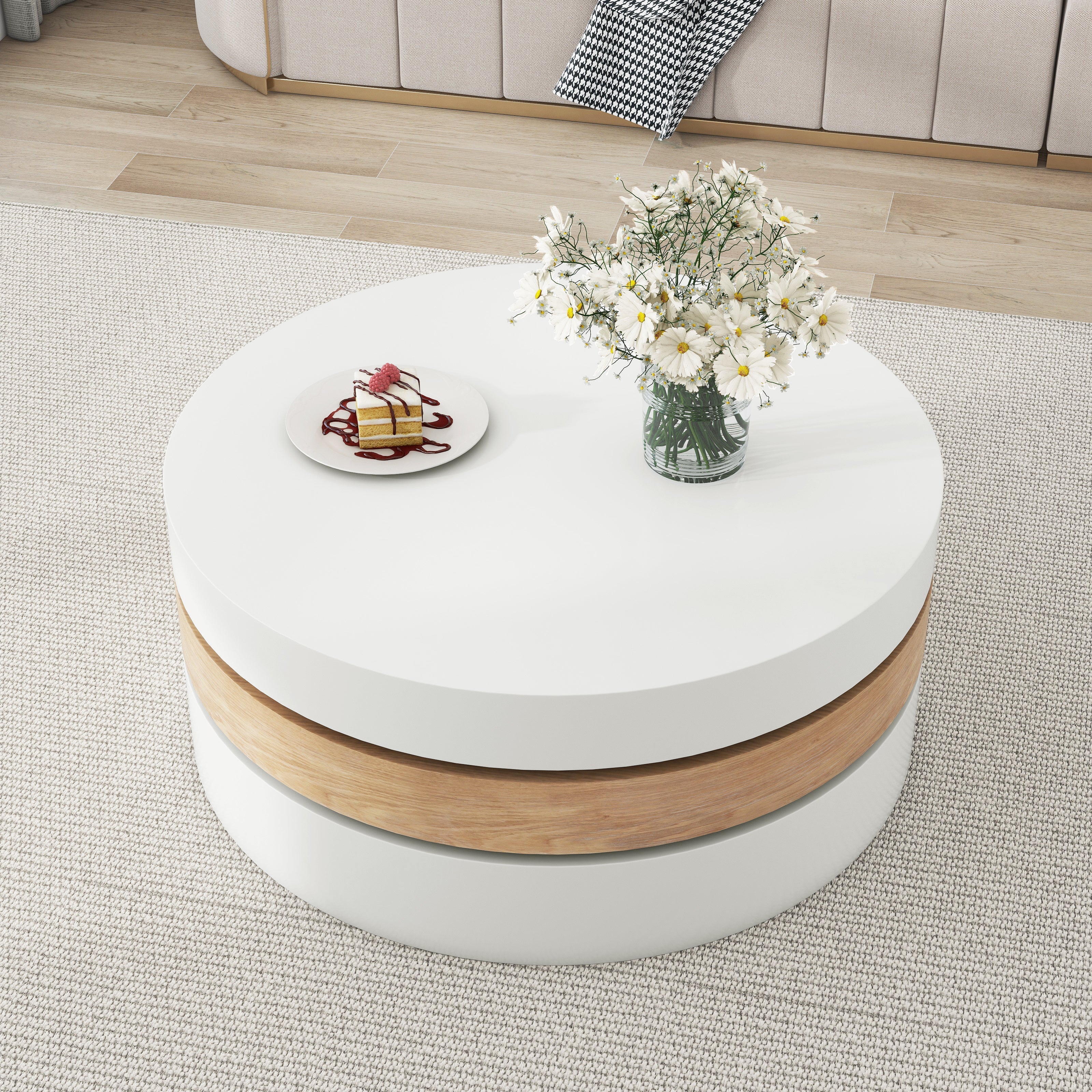 Cylindrical Coffee Table, 360° Rotate, 3-Tier Storage, 60x60x35.1 cm - Willow Wood