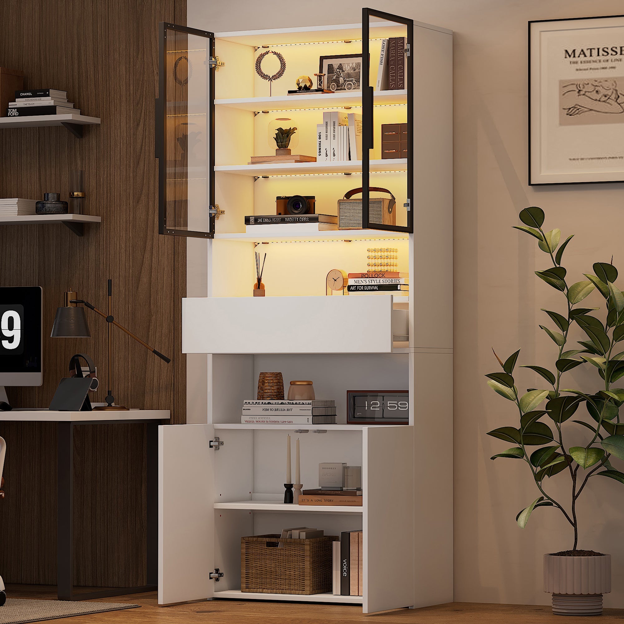 Display Cabinet with Drawers, Glass Doors & LED Lighting, 70x30x200cm, White