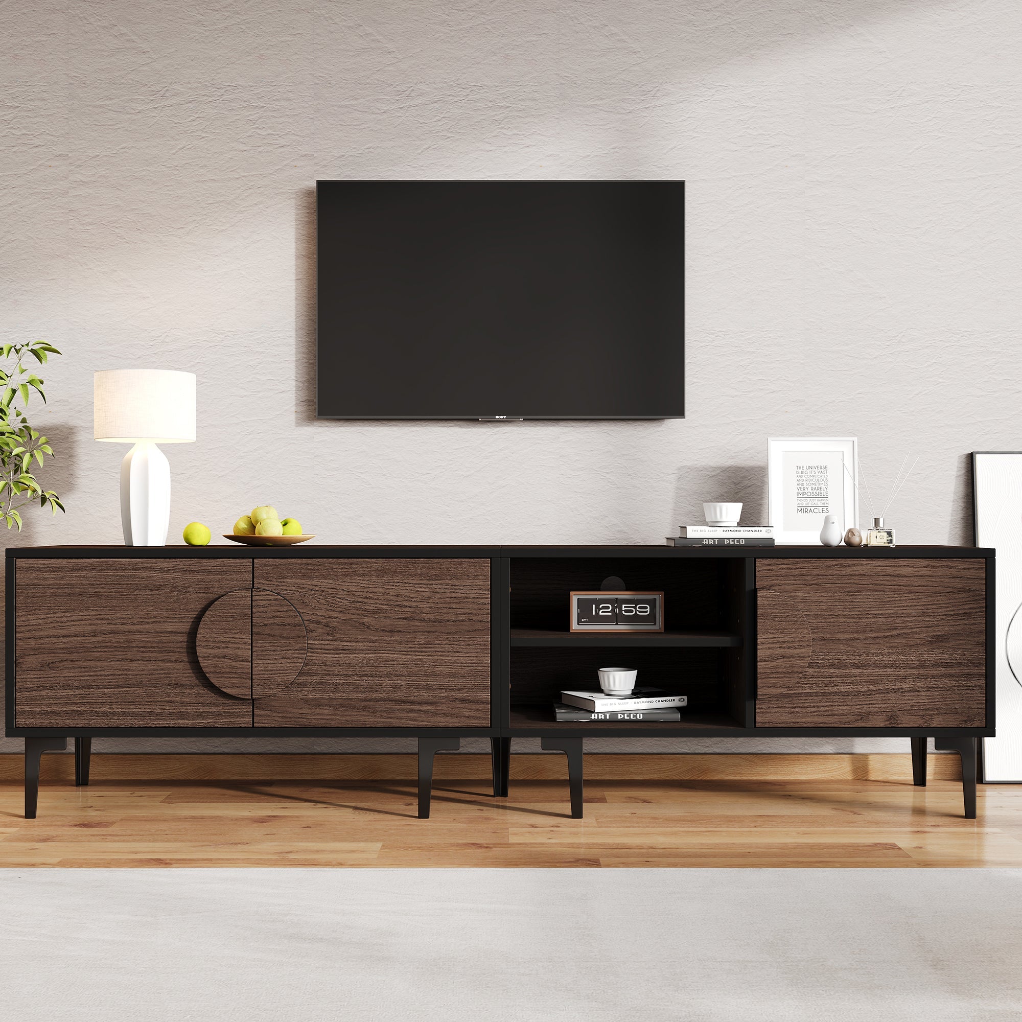 TV Cabinet Lowboard 180cm 2 Cabinets Open Shelves for 80 Inch TV - Dark Walnut