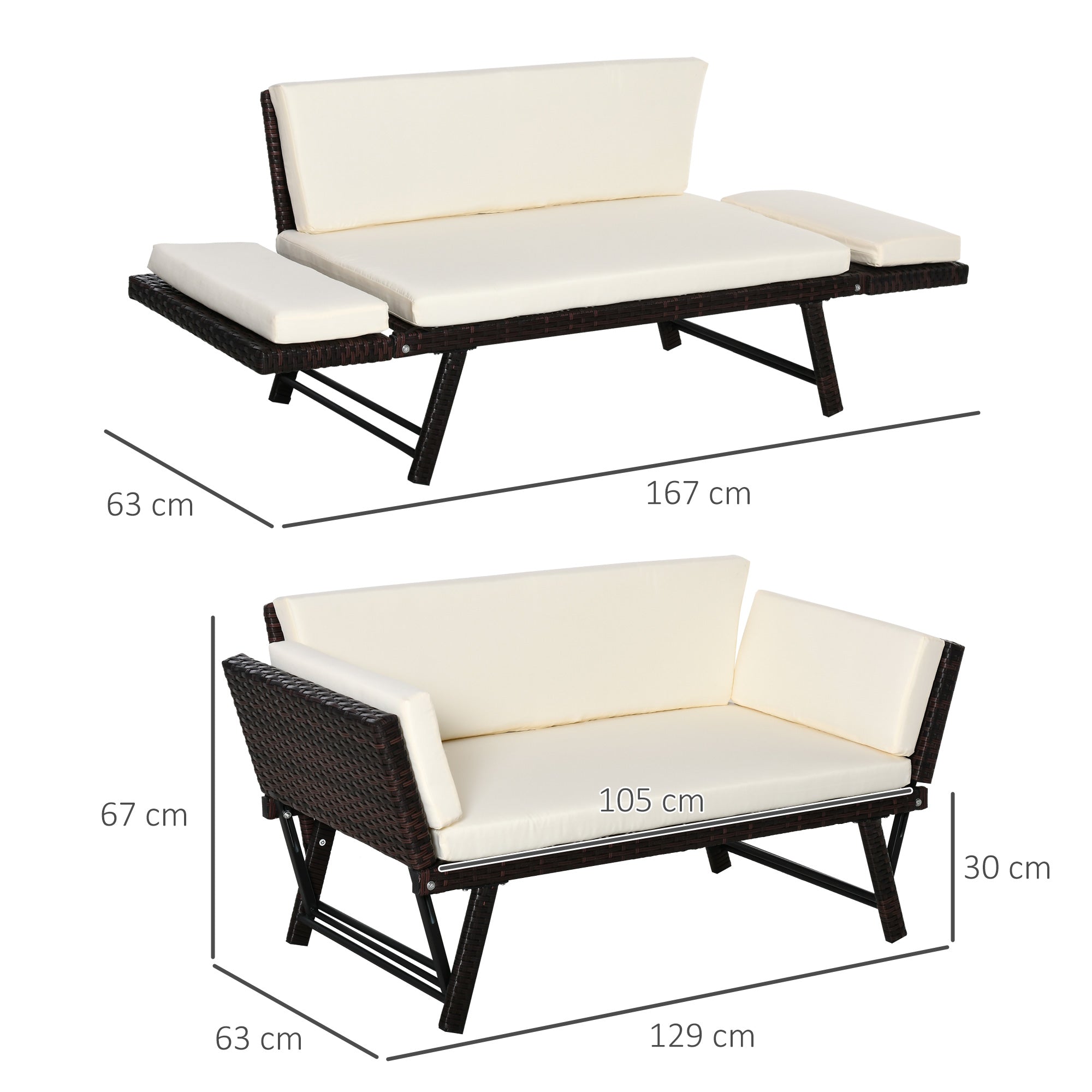 Polyrattan 2-Seater Folding Lounge Sofa with Armrests, Steel Brown