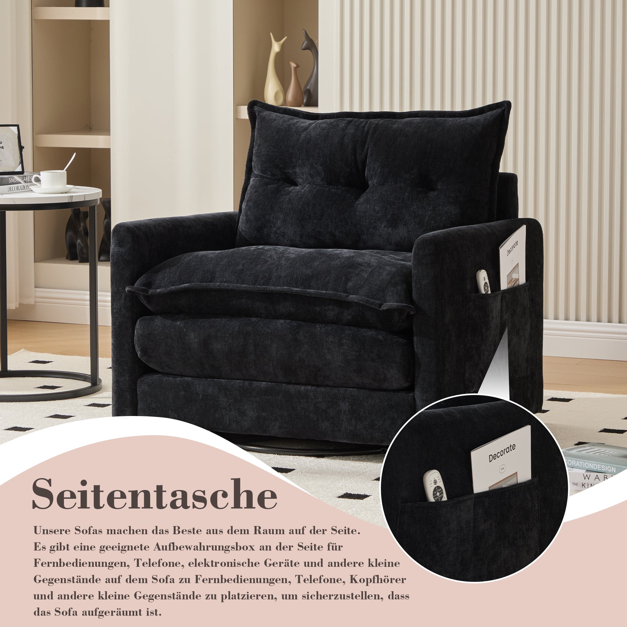 Lounge Chair, 360° Rotating, Armrests, Single Sofa, Modern Style, Cushions
