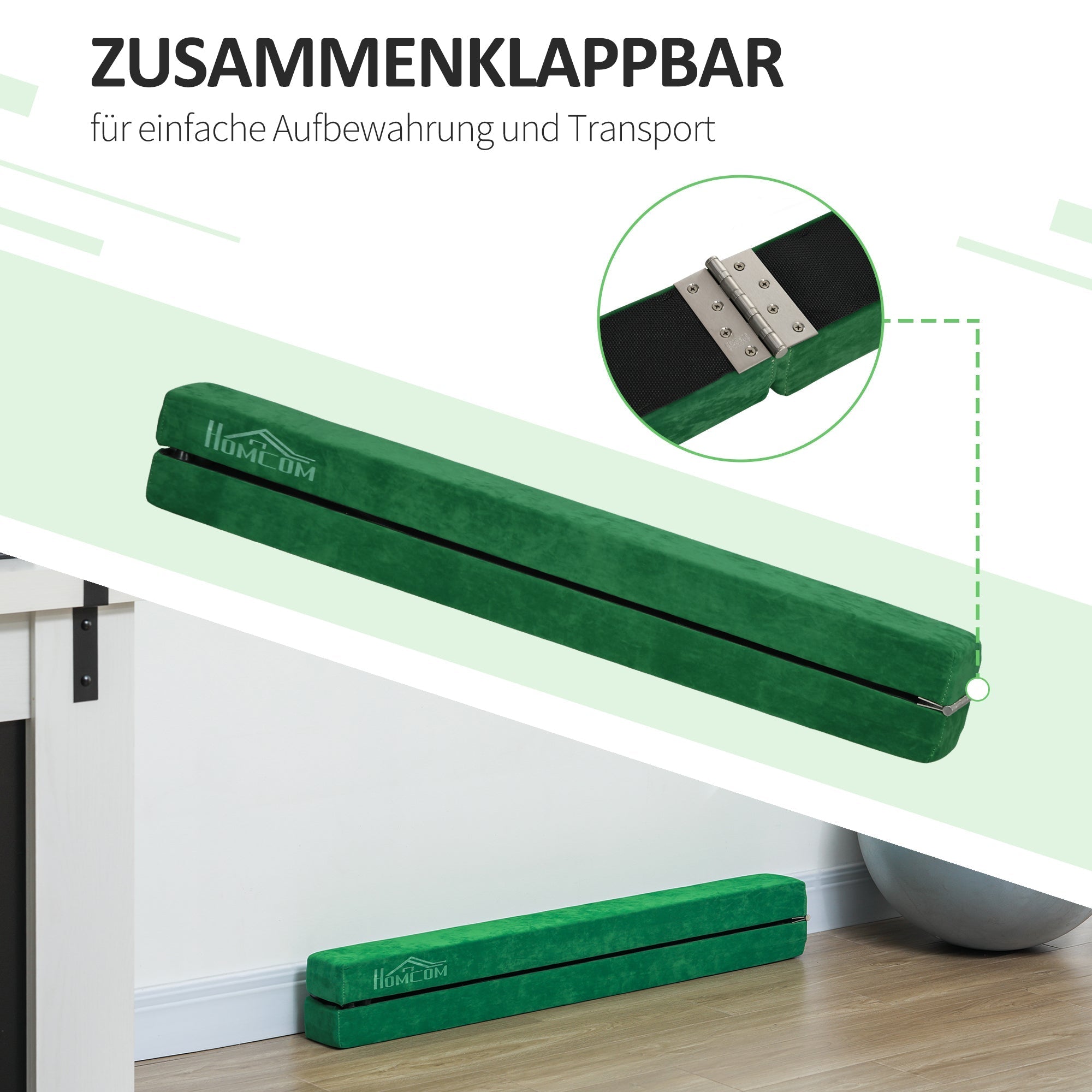 Foldable Balance Beam Non-Slip Suede Cover Sturdy Wood - Green