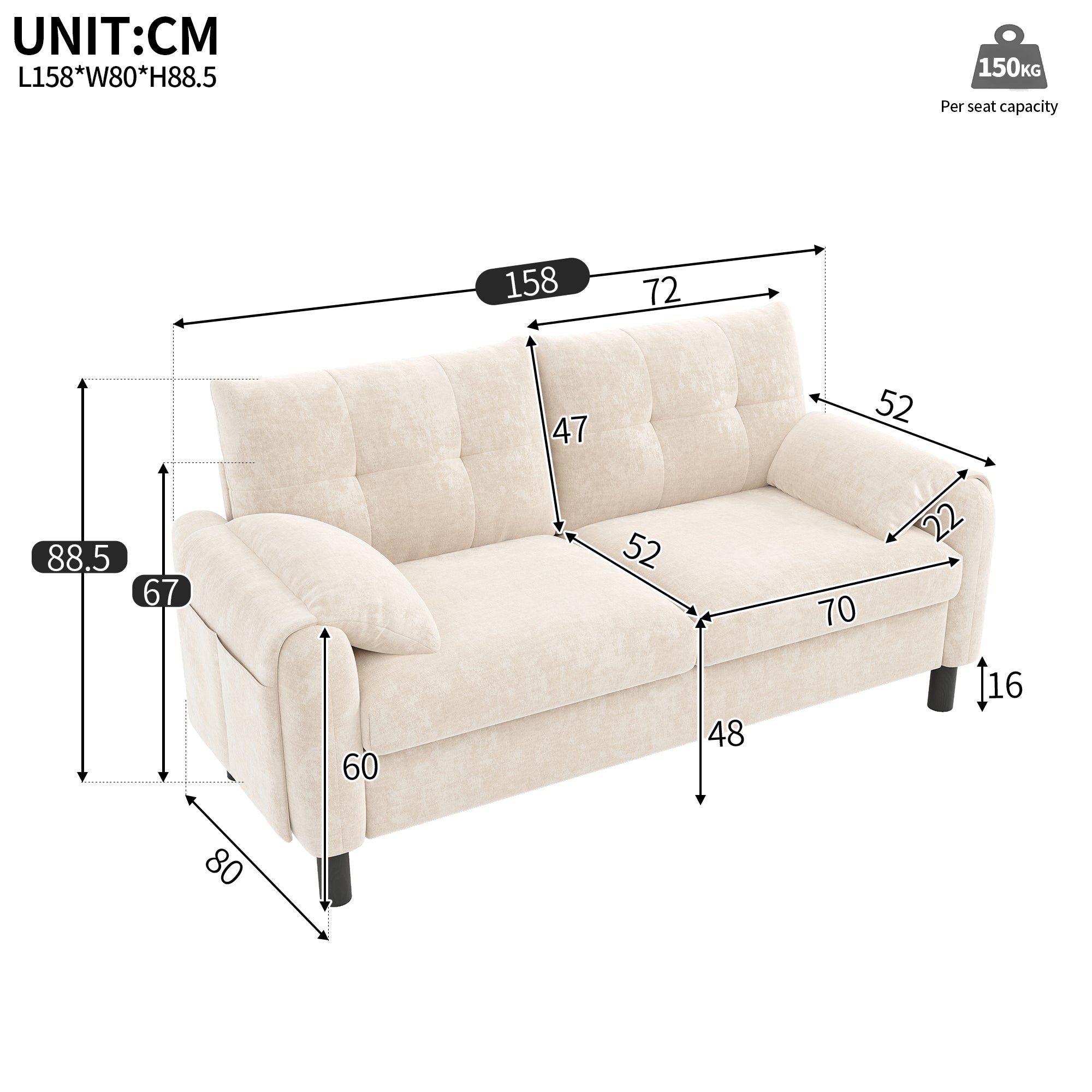 2-Seater Sofa, Comfortable Chenille Upholstered, Beige