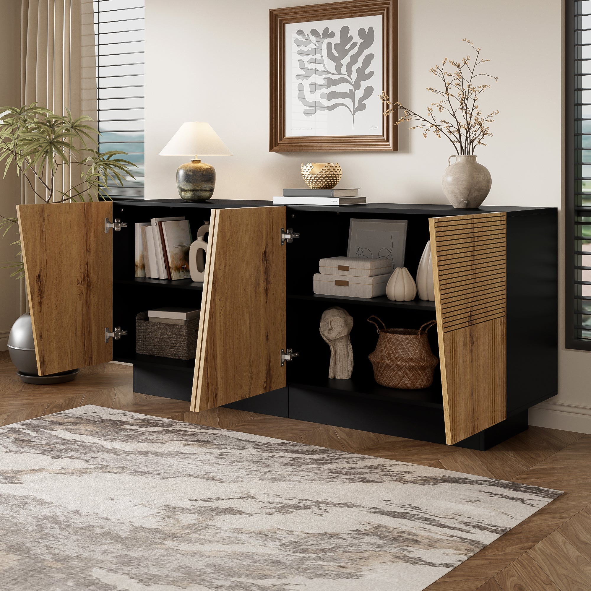 Sideboard 160cm Ample Storage Geometric Design Adjustable Shelf Black/Wood Particleboard