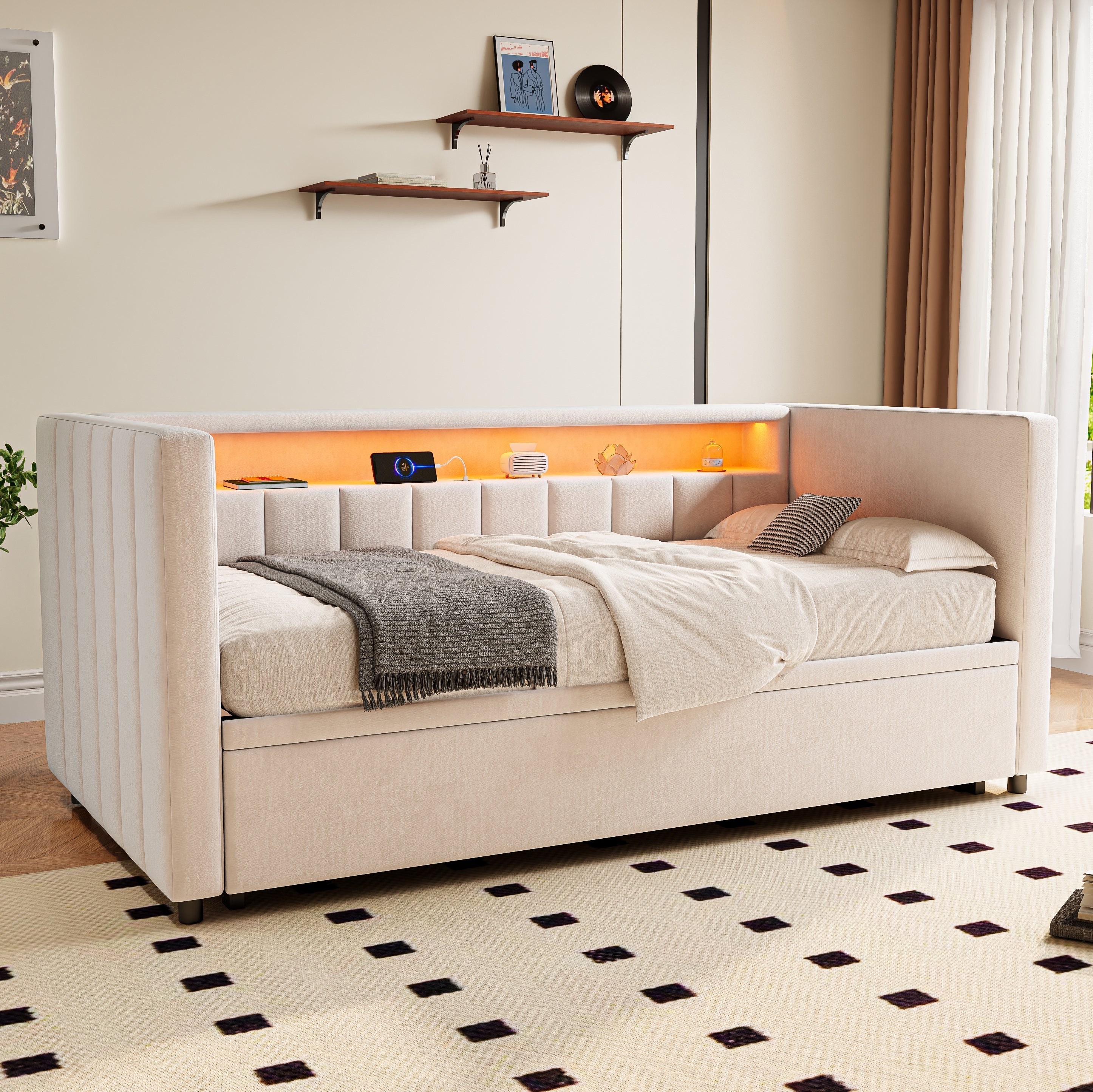 Multifunctional Sleeper Sofa, Pull-Out Bed, USB, LED, & Storage, Velvet Upholstery Beige