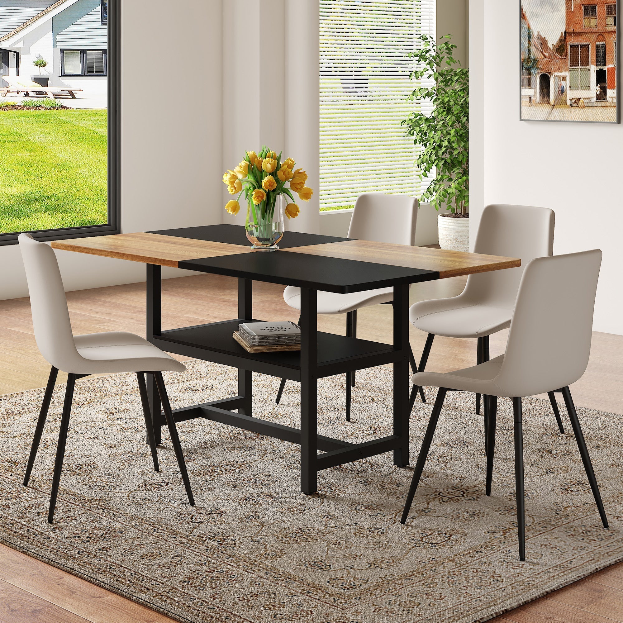 Dining Set 160cm Rectangular Storage 4 PU Chairs - Warm Grey