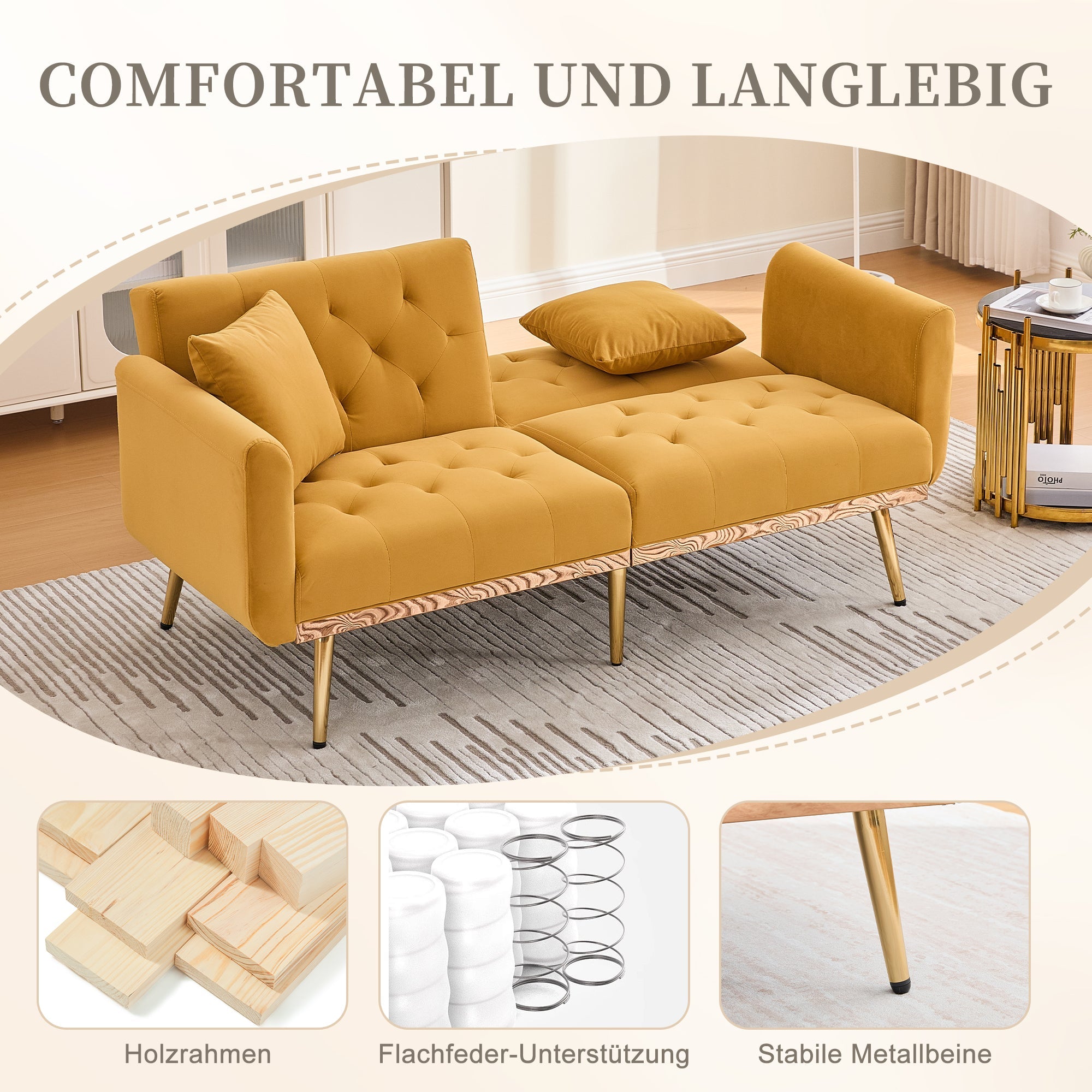 Double Sofa, Modern Velvet with Adjustable Backrest, Mustard Yellow