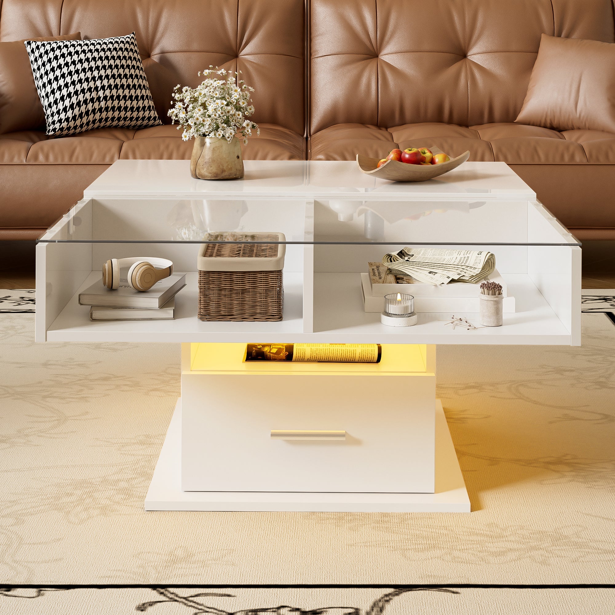 Multifunctional high-gloss lift coffee table with LED lighting, adjustable height & flexible storage space, modern design
